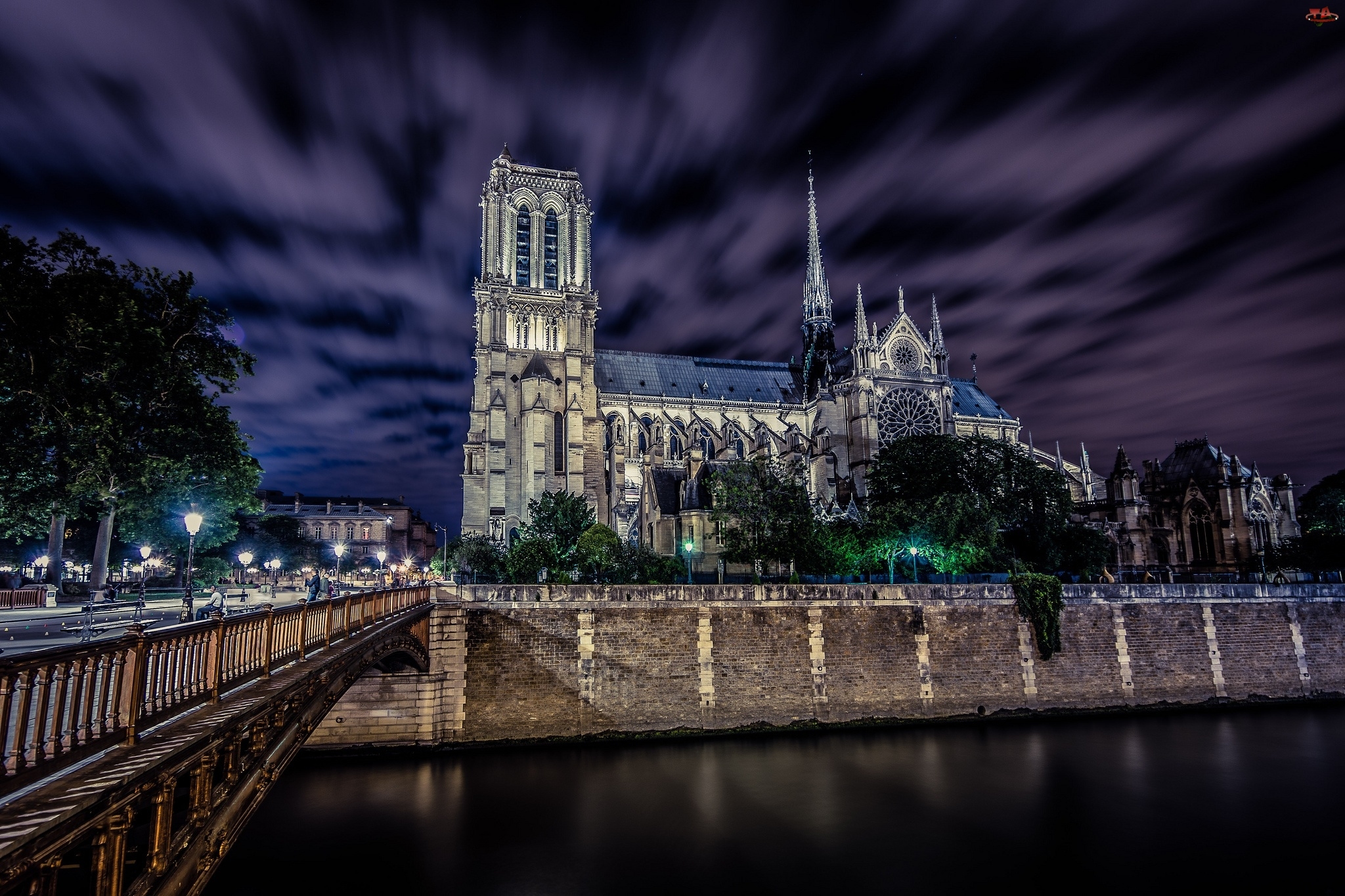 Notre Dame, Francja, Katedra, Noc, Paryż