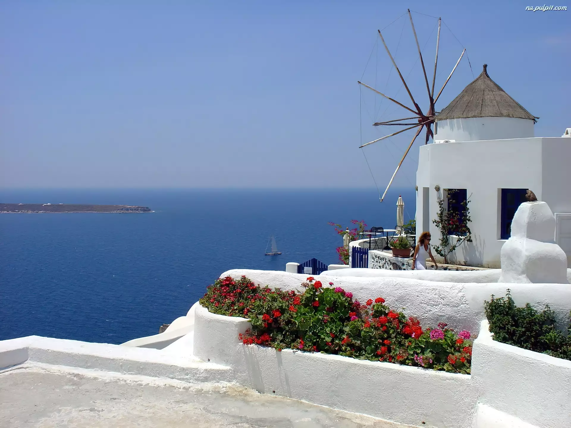 Grecja, Wiatrak, Morze, Santorini