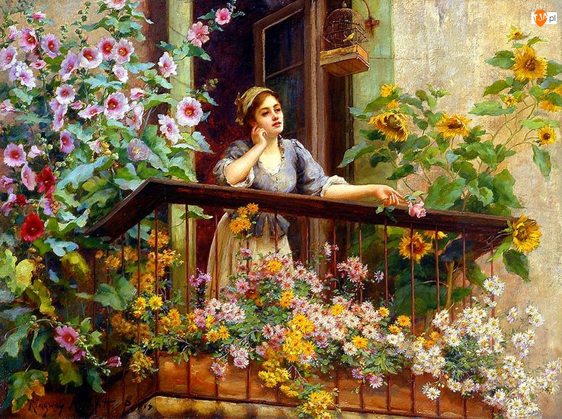 Obrazu, Kobieta, Balkon, Kwiaty, Reprodukcja