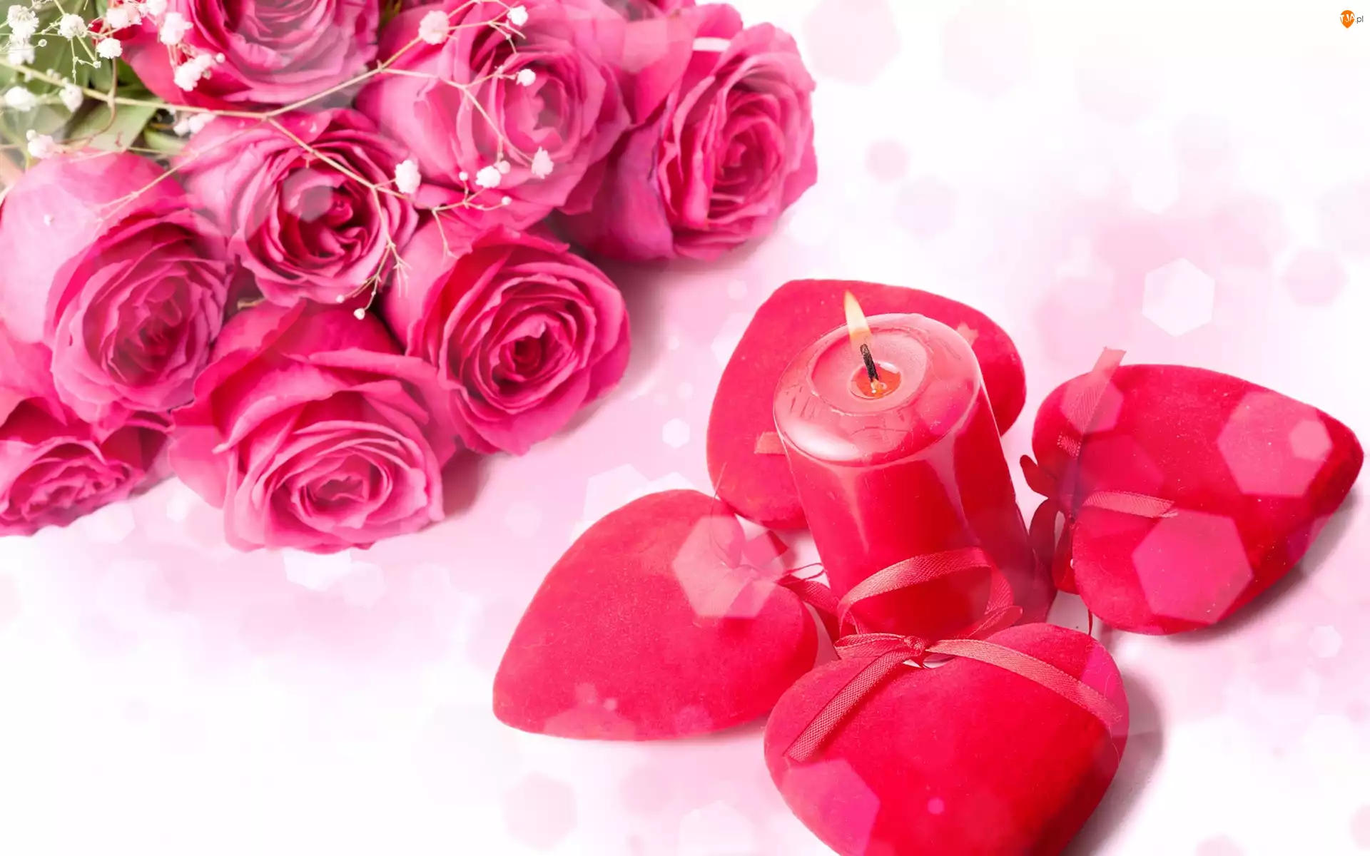 Walentynki, Romantyzm, Róże, Świeca