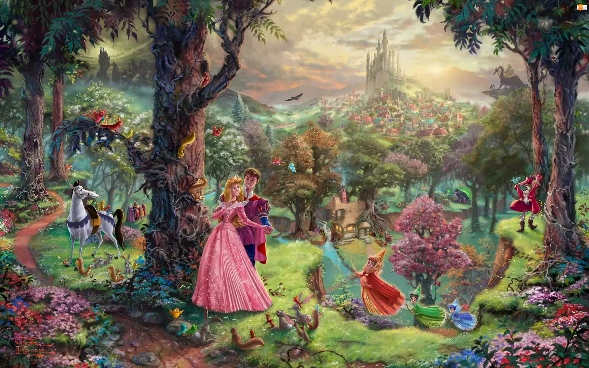 Disney, Thomas Kinkade, Sleeping Beauty, Las, Śpiąca Królewna, Wróżki