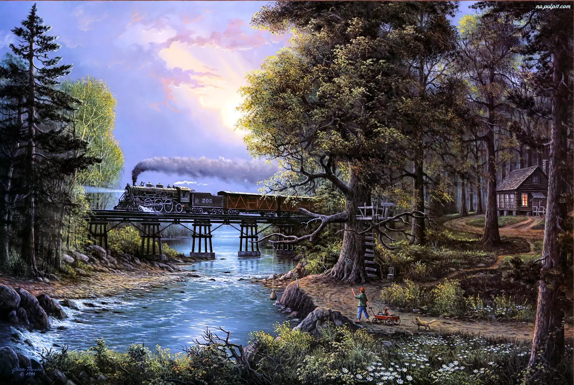 Obraz, Pociąg, Most, Rzeka