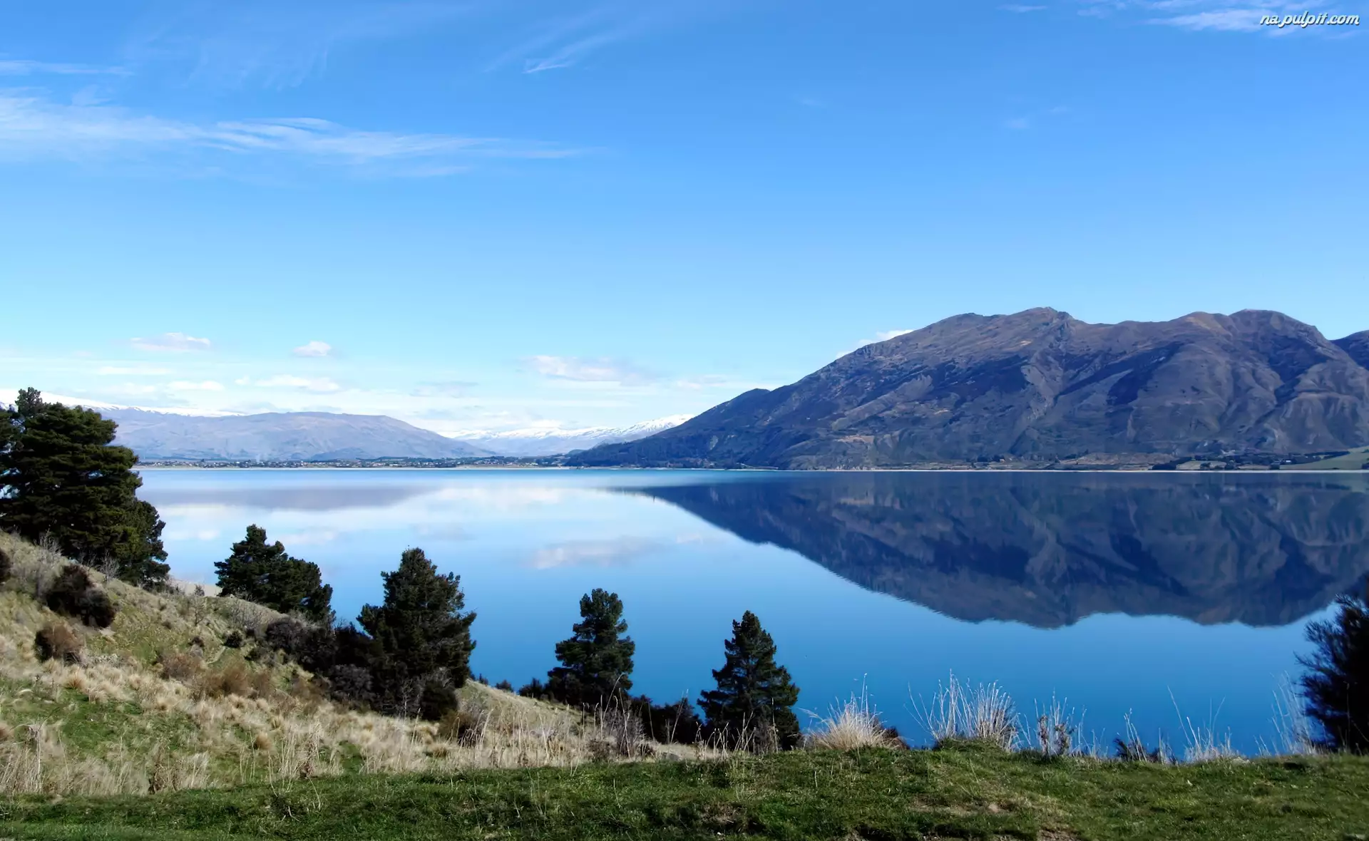 Góry, Nowa Zelandia, Drzewa, Jezioro, Hawea