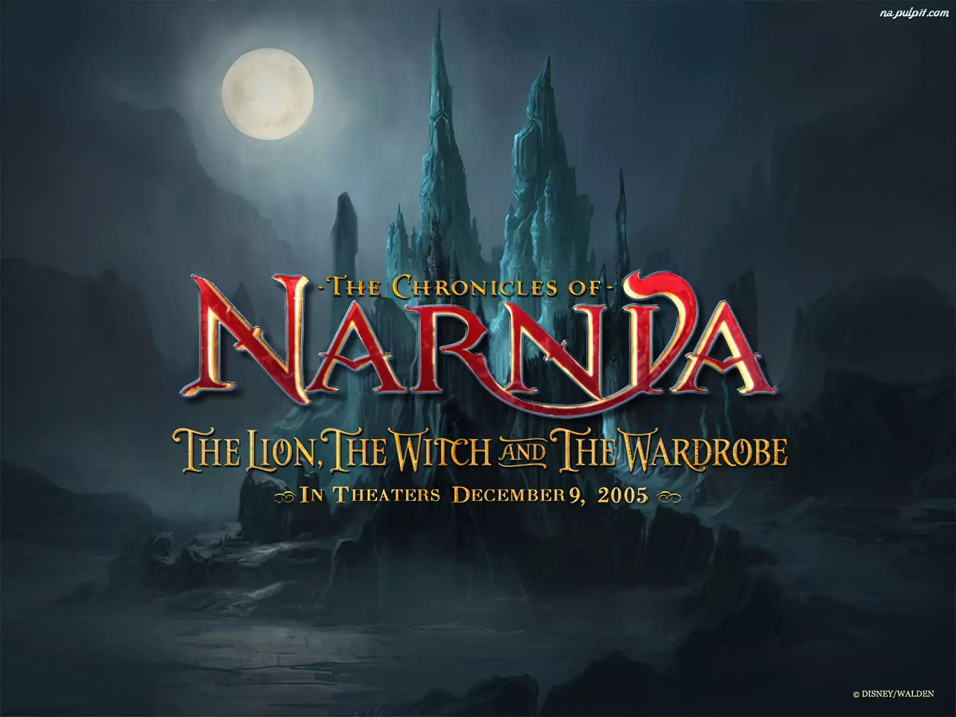 księżyc, napis, zamek, The Chronicles Of Narnia, noc