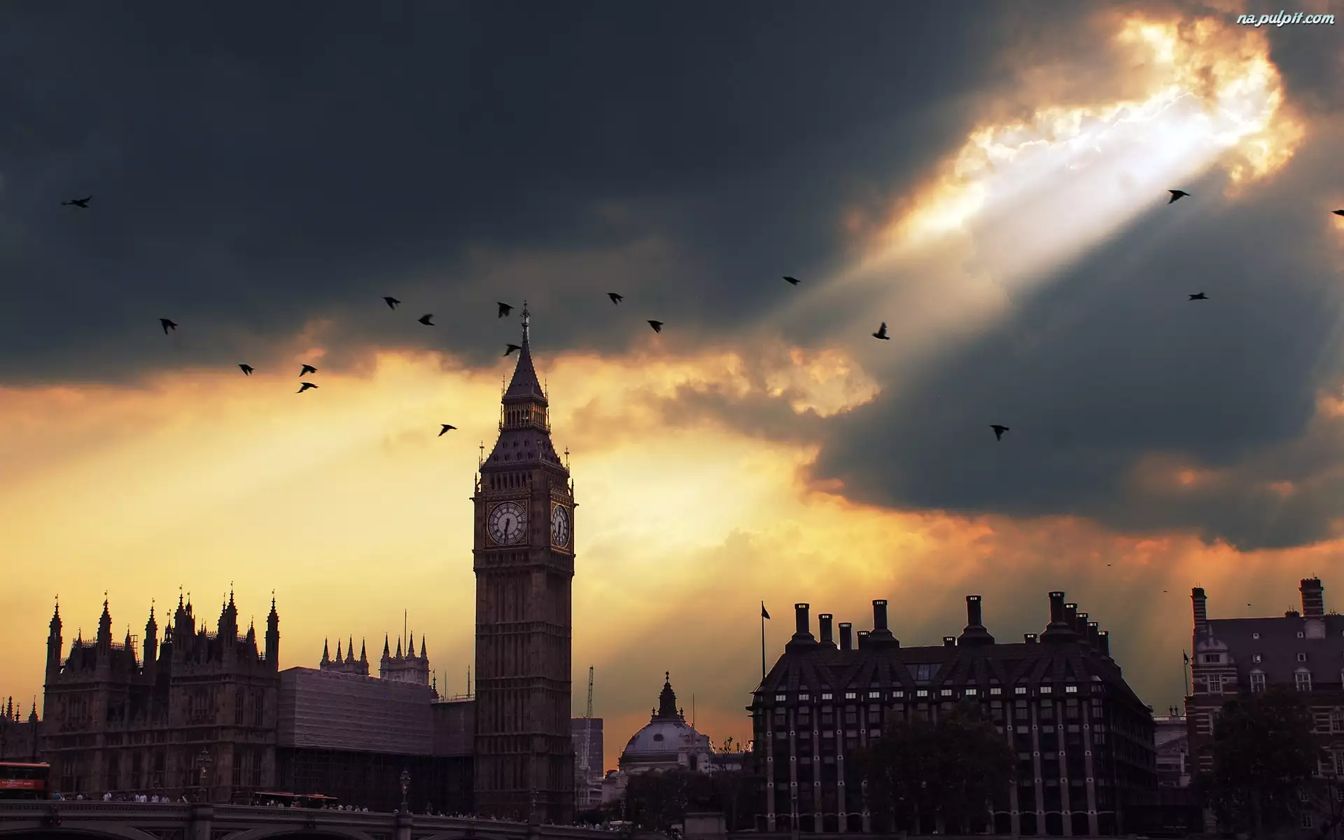 Big Ben, Promienie, Londyn, Zachód Słońca