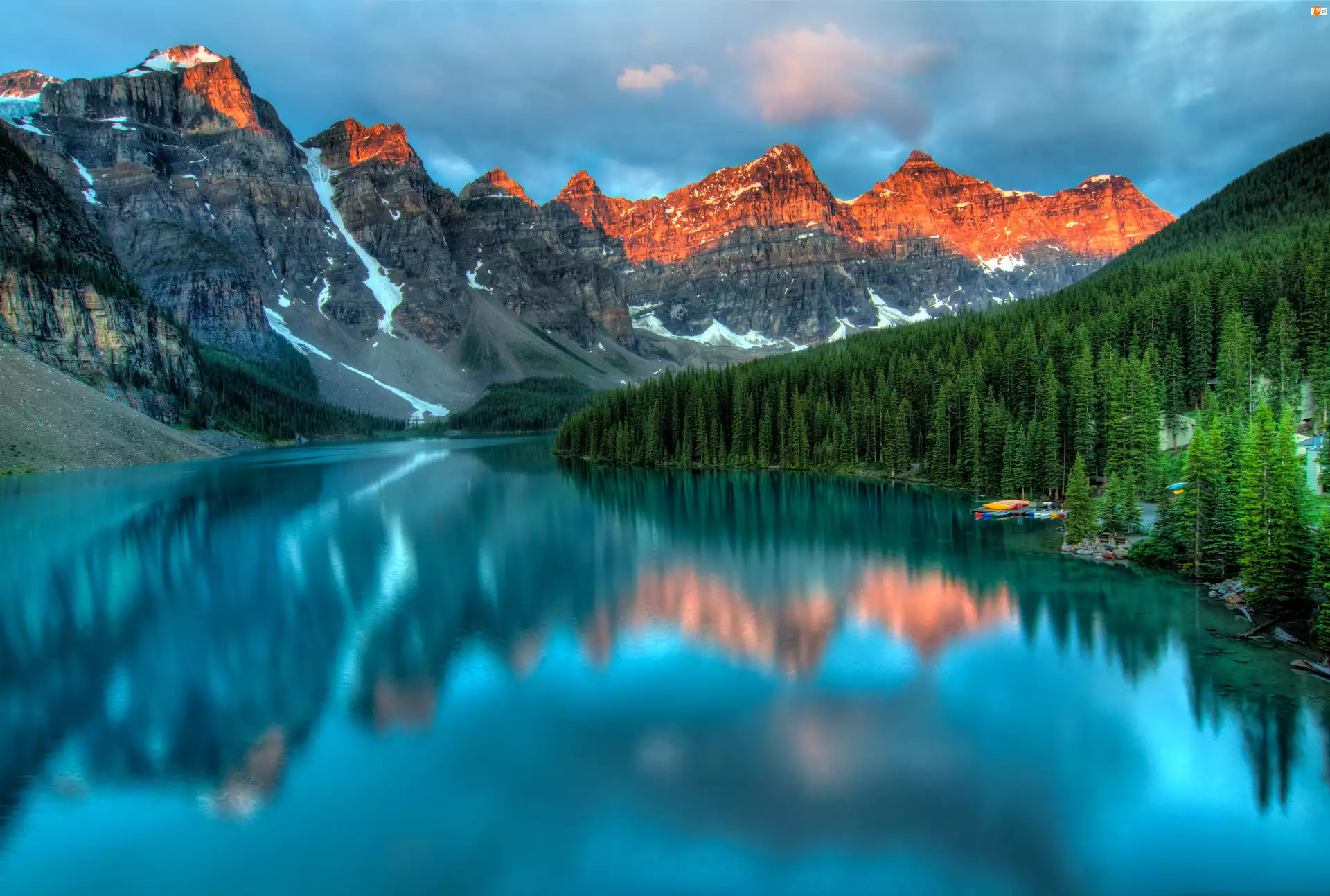 Jezioro, Odbicie, Park Narodowy Banff, Góry, Drzewa, Moraine Lake, Kanada