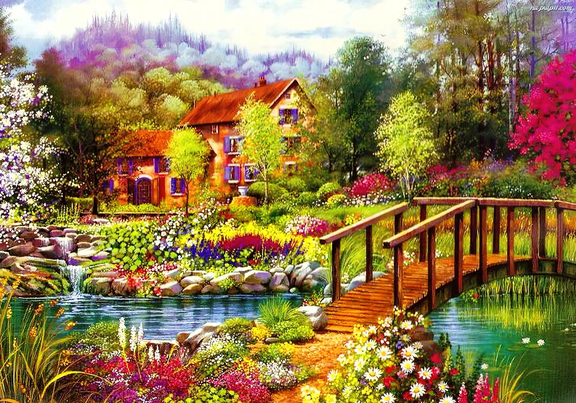 Rzeka, Kwiaty, Mostek, Ogród, Dom