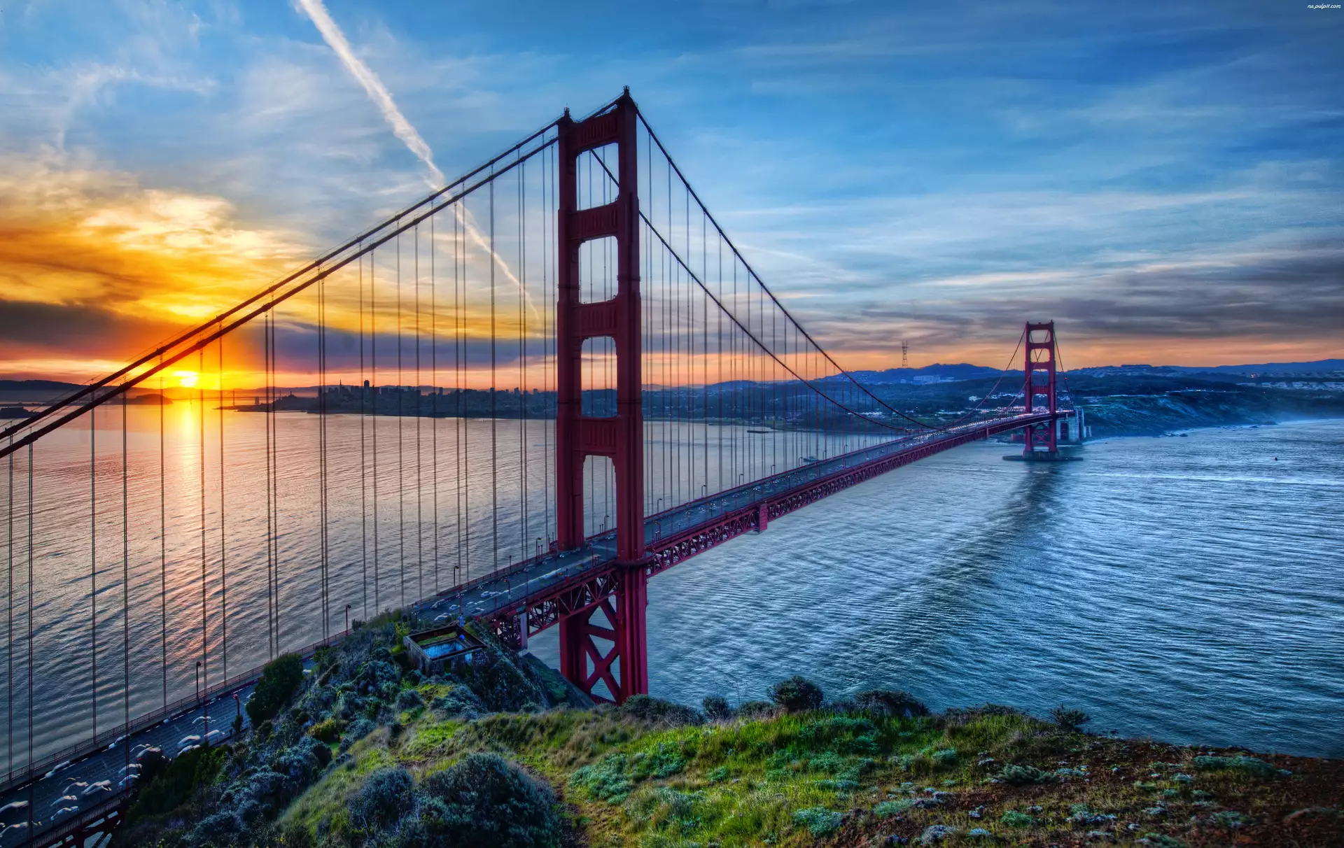Rzeka, Most Golden Gate, Zachód Słońca, San Francisco