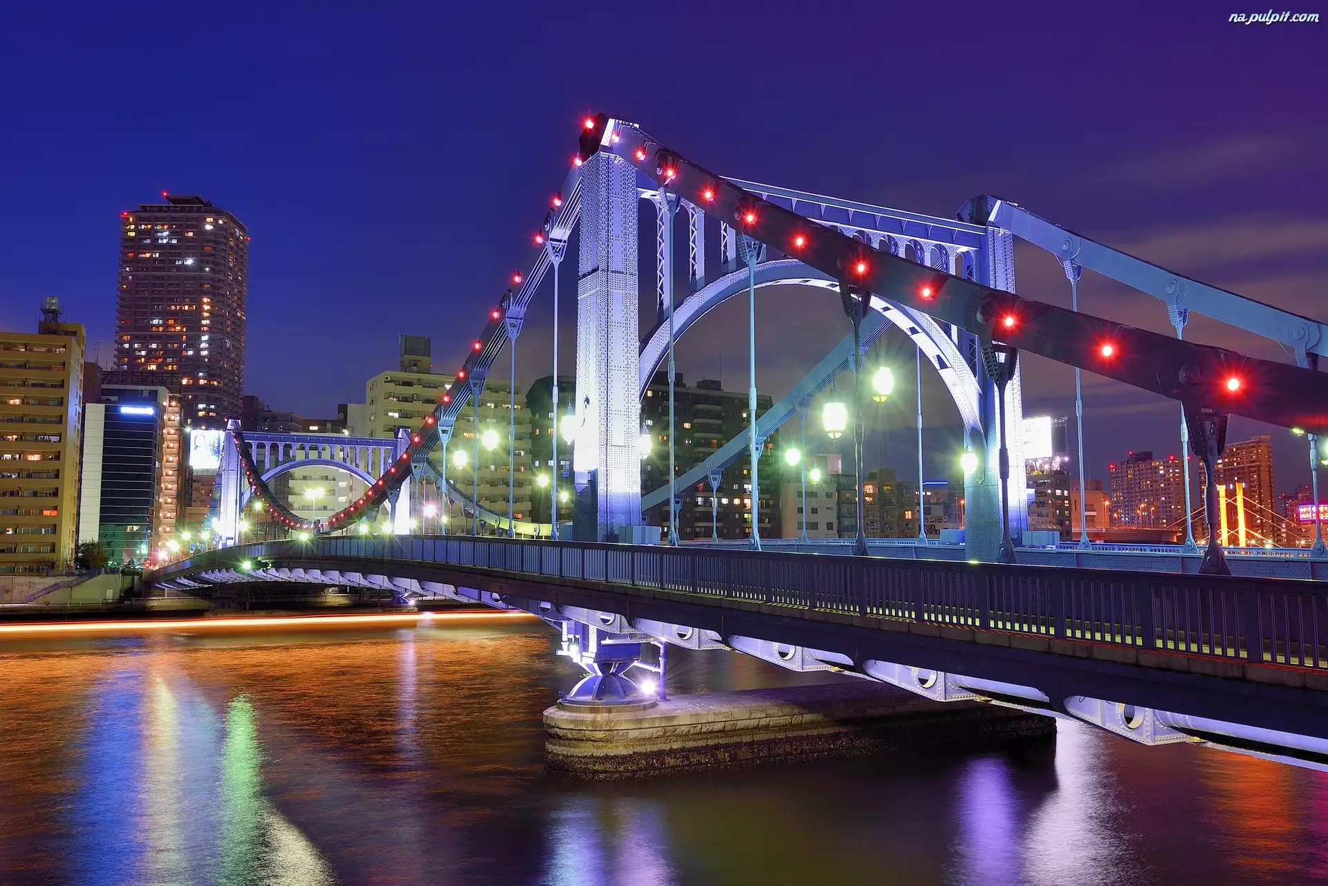 Most, Wieżowce, Japonia, Tokio, Rzeka