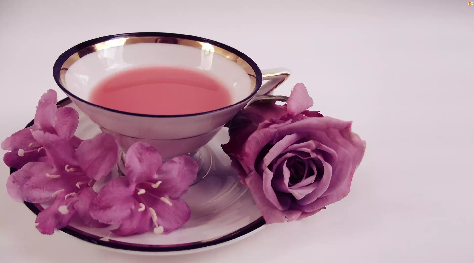 Herbata, Kwiaty, Talerzyk, Filiżanka, Róża