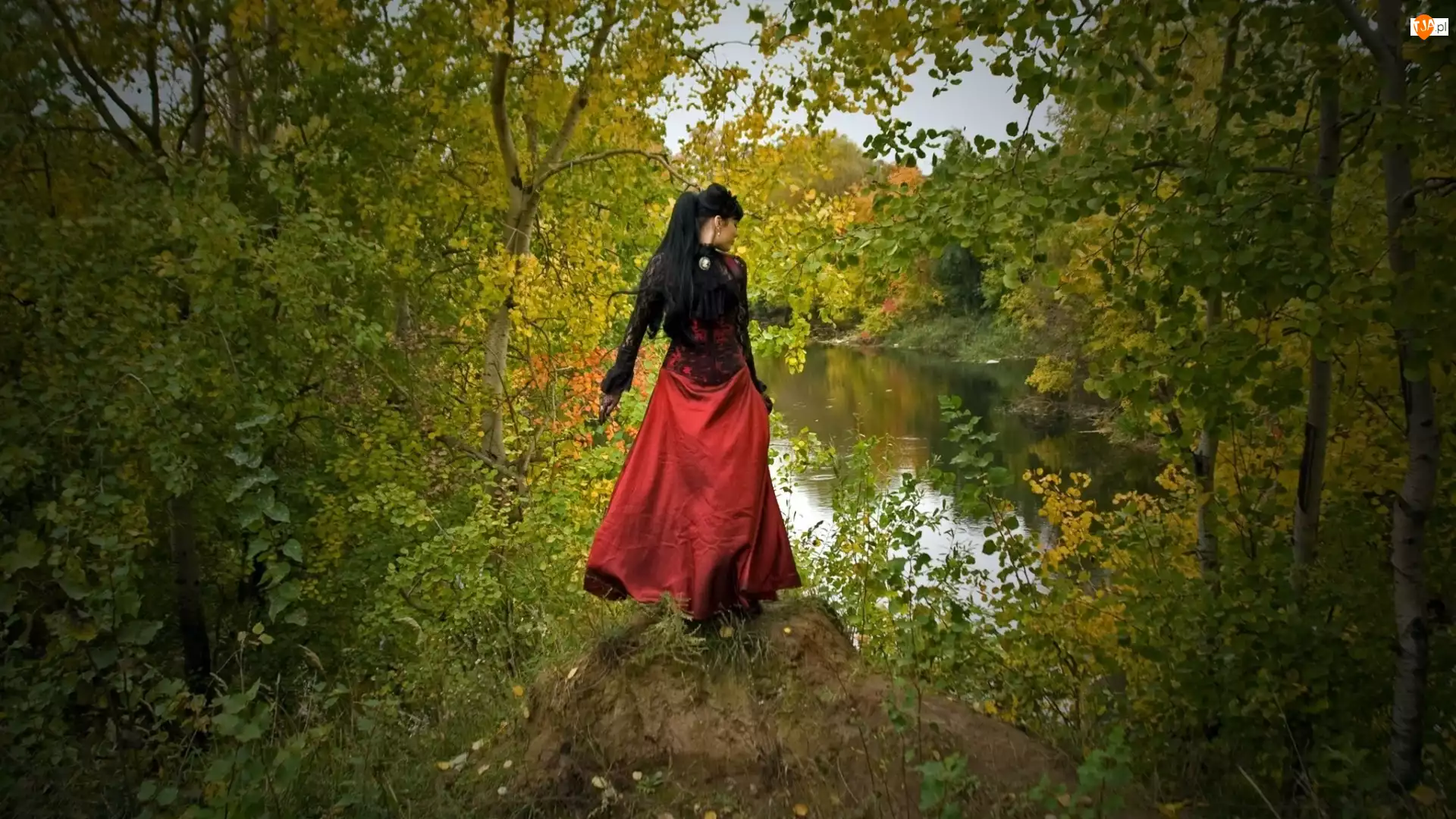 Kobieta, Jesień, Rzeka, Drzewa