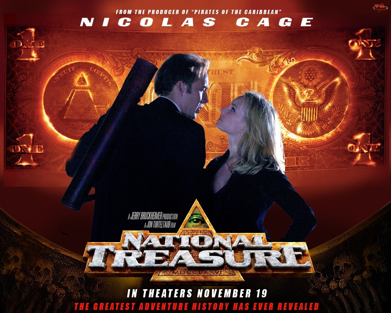 banknot, National Treasure 1, Diane Kruger, Nicolas Cage, złoty
