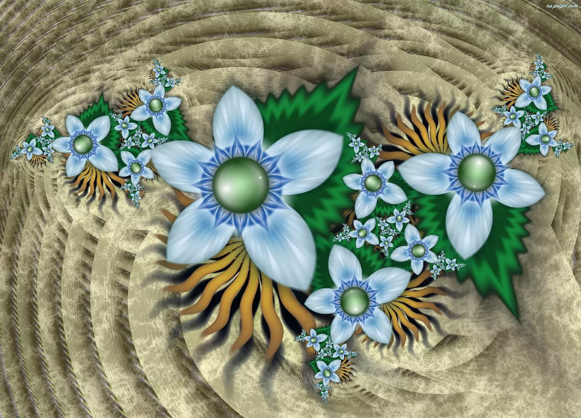 3D, Niebieskie, Kwiaty, Grafika