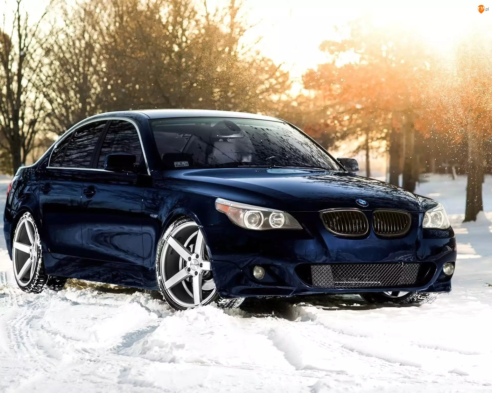 BMW, Śnieg, Granatowy, Drzewa, Samochód, M5
