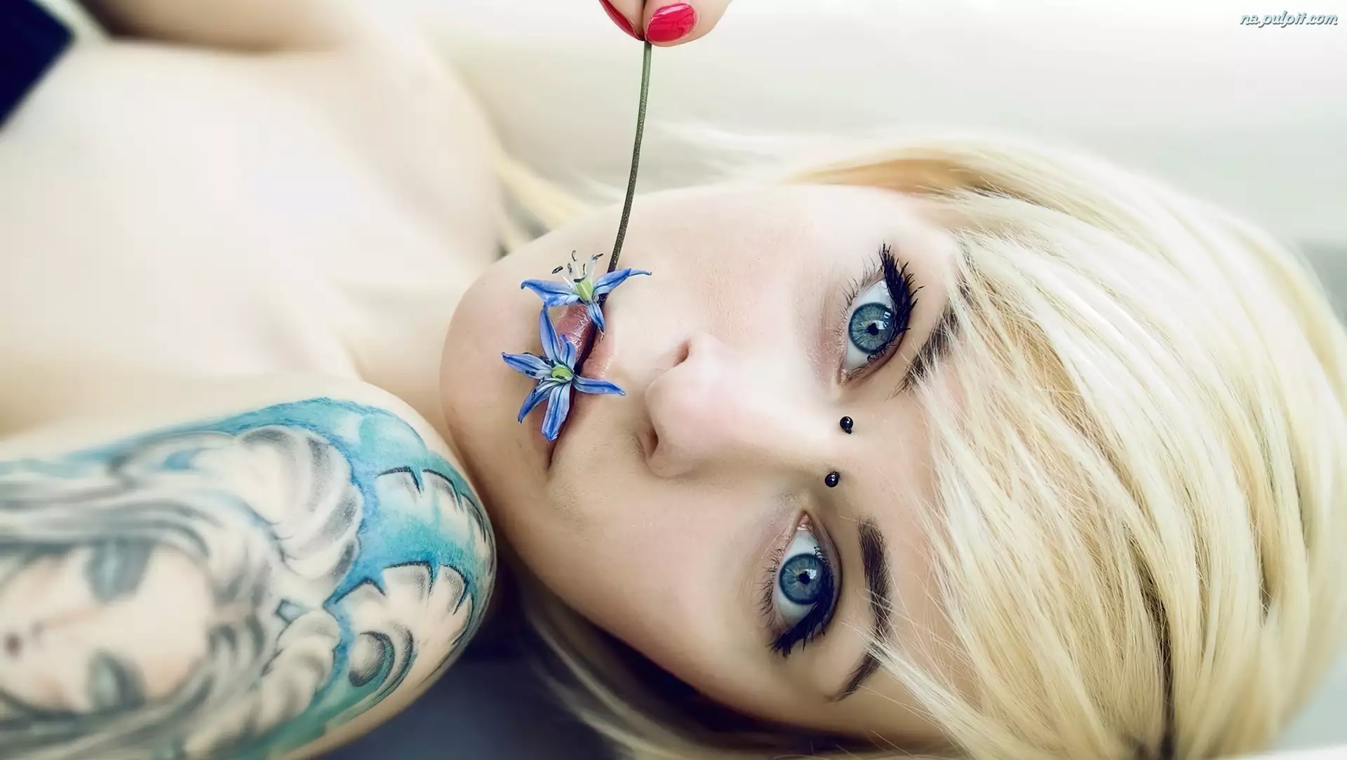 Kwiatek, Kolczyki, Kobieta, Piercing, Blondynka, Tatuaż