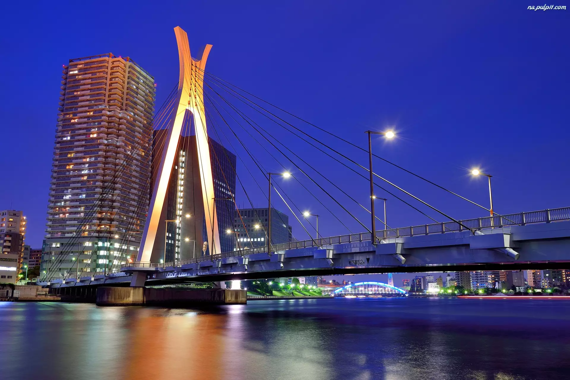 Rzeka, Wieżowce, Tokio, Zmrok, Japonia, Most