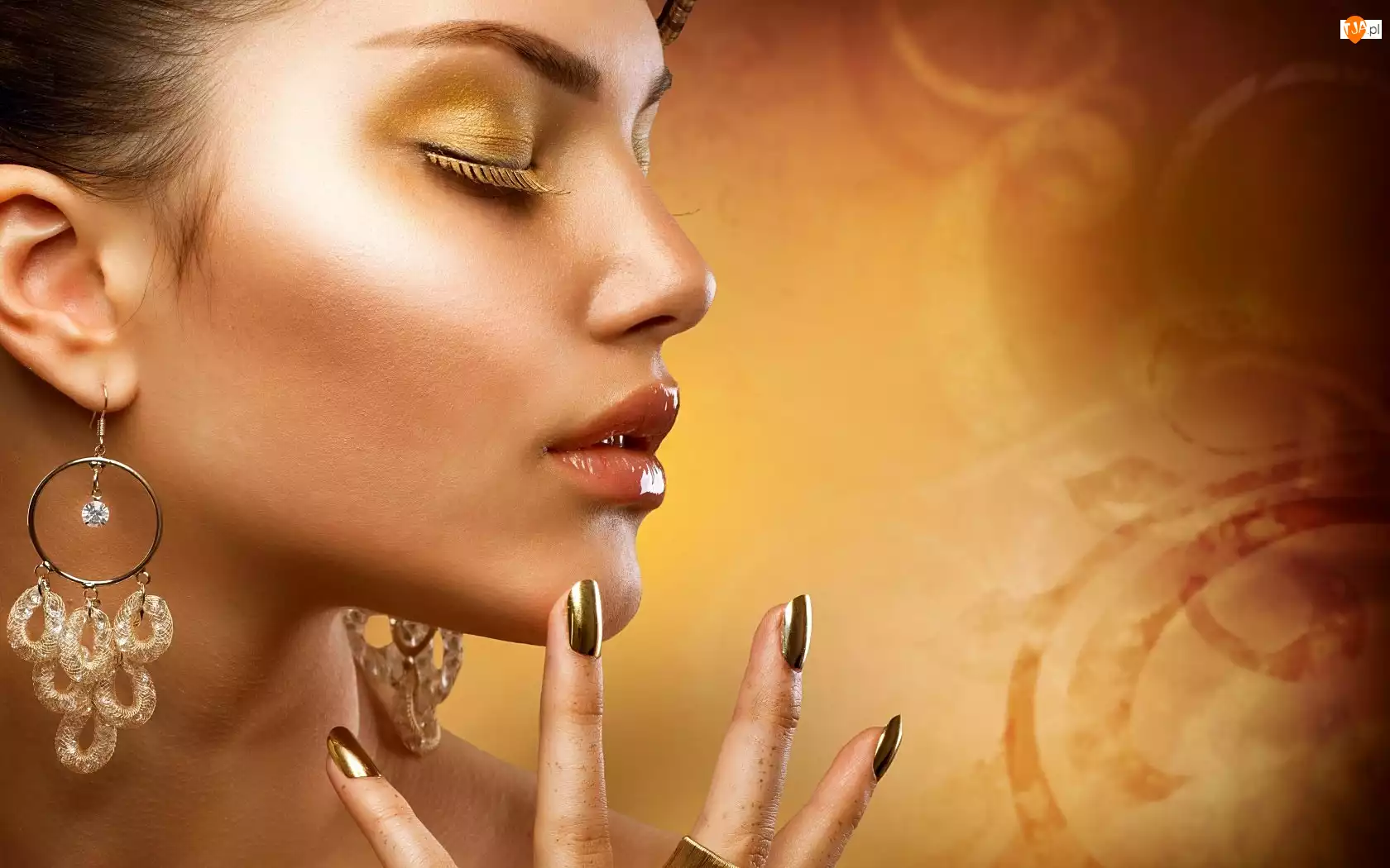 Złoty, Biżuteria, Profil, Kobieta, Makijaż