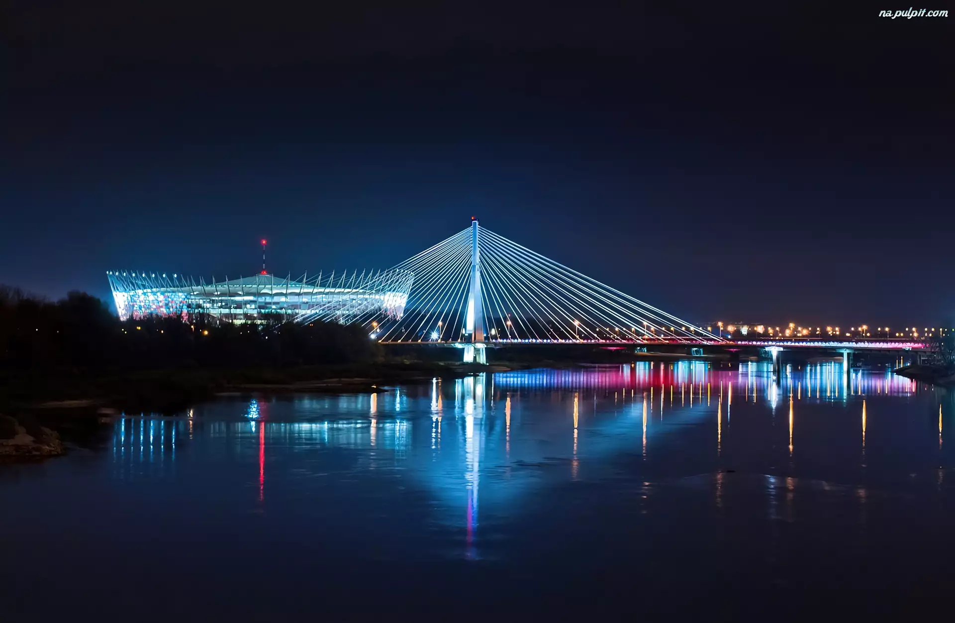 Stadion Narodowy, Most Świętokrzyski, Noc, Warszawa, Wisła