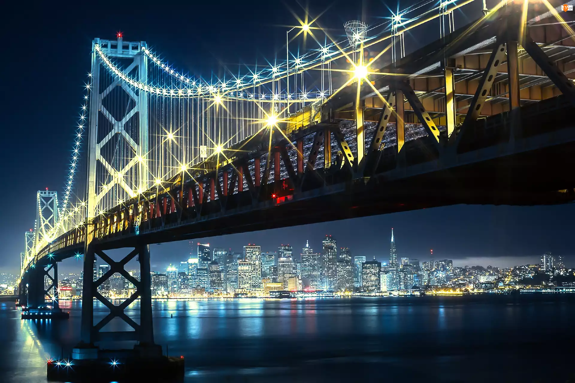 Rzeka, San Francisco, Oświetlony, Noc, Most