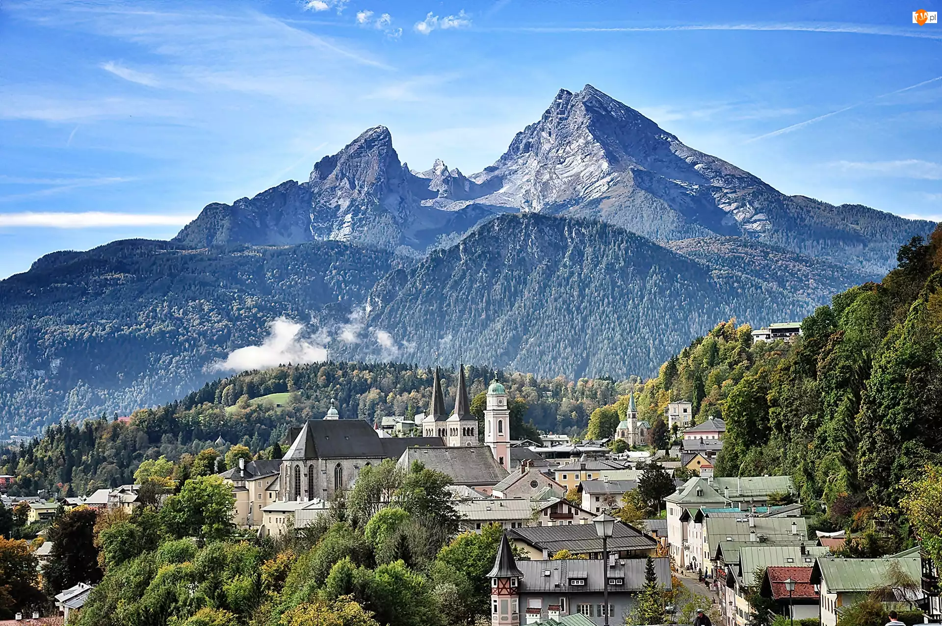 Panorama, Berchtesgaden, Góry, Mgła, Miasteczka, Lasy