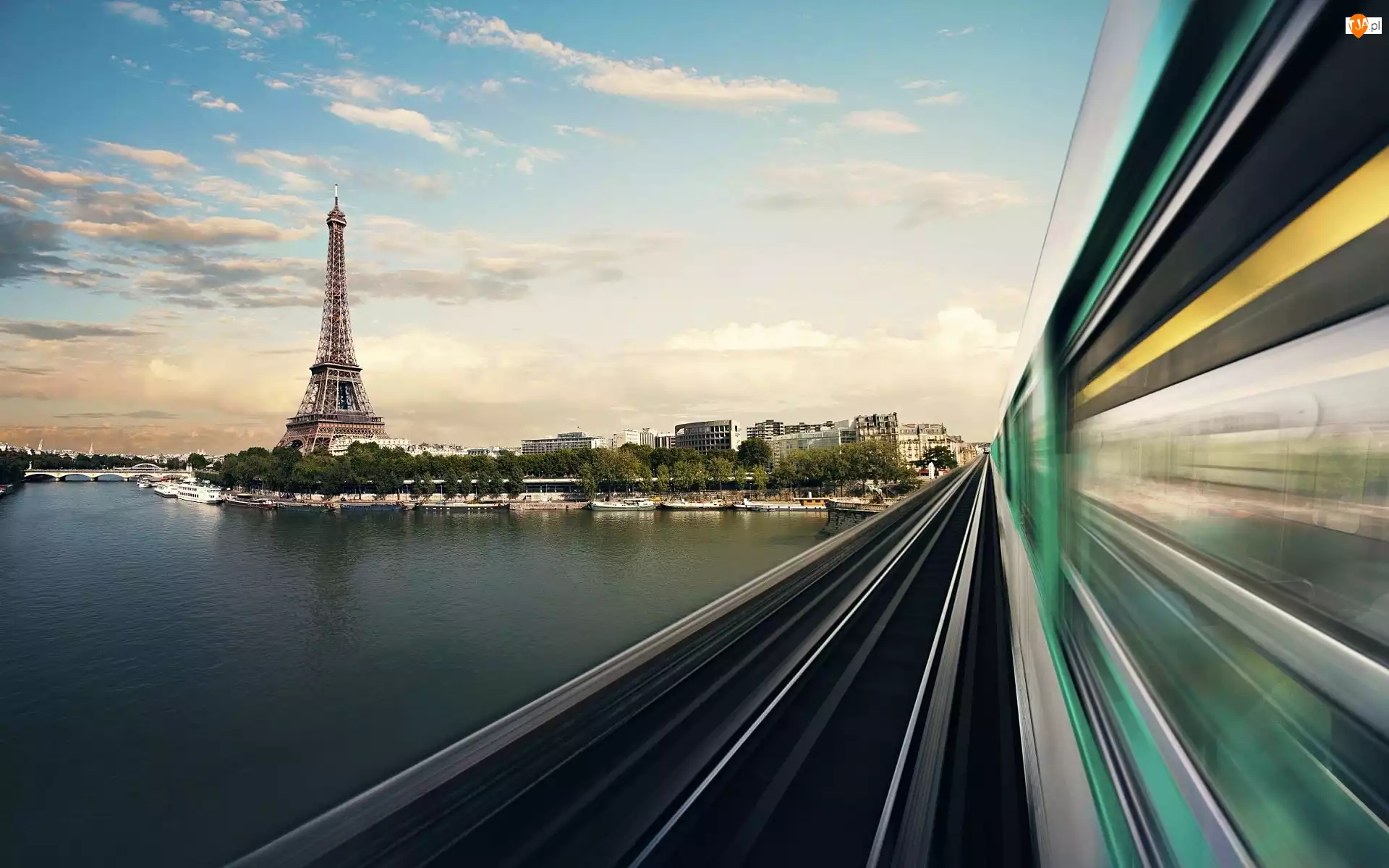 Pociąg, Paryż, Rzeka, Francja, Wieża Eiffla