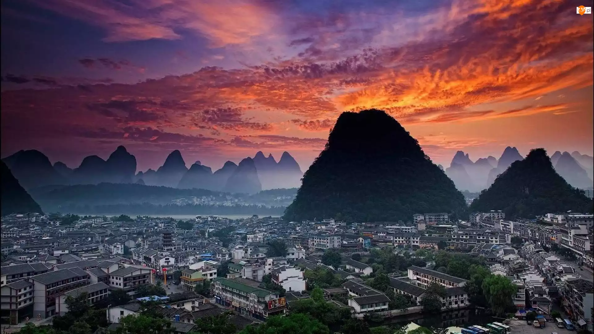 Chiny, Miasta, Yangshu, Słońca, Wieczór, Góry, Mgła, Panorama, Zachód