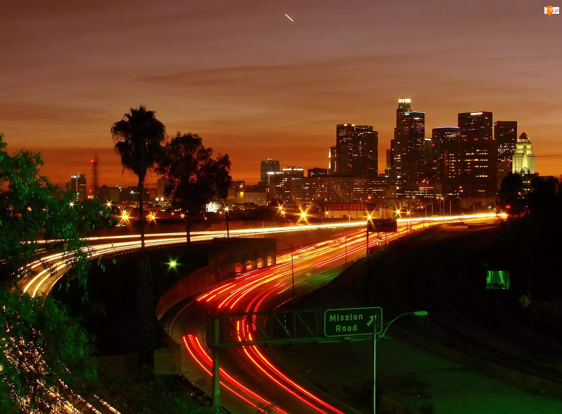 Panorama, Miasta, Drzewa, Los Angeles, Komunikacyjne, Arterie, Nocą