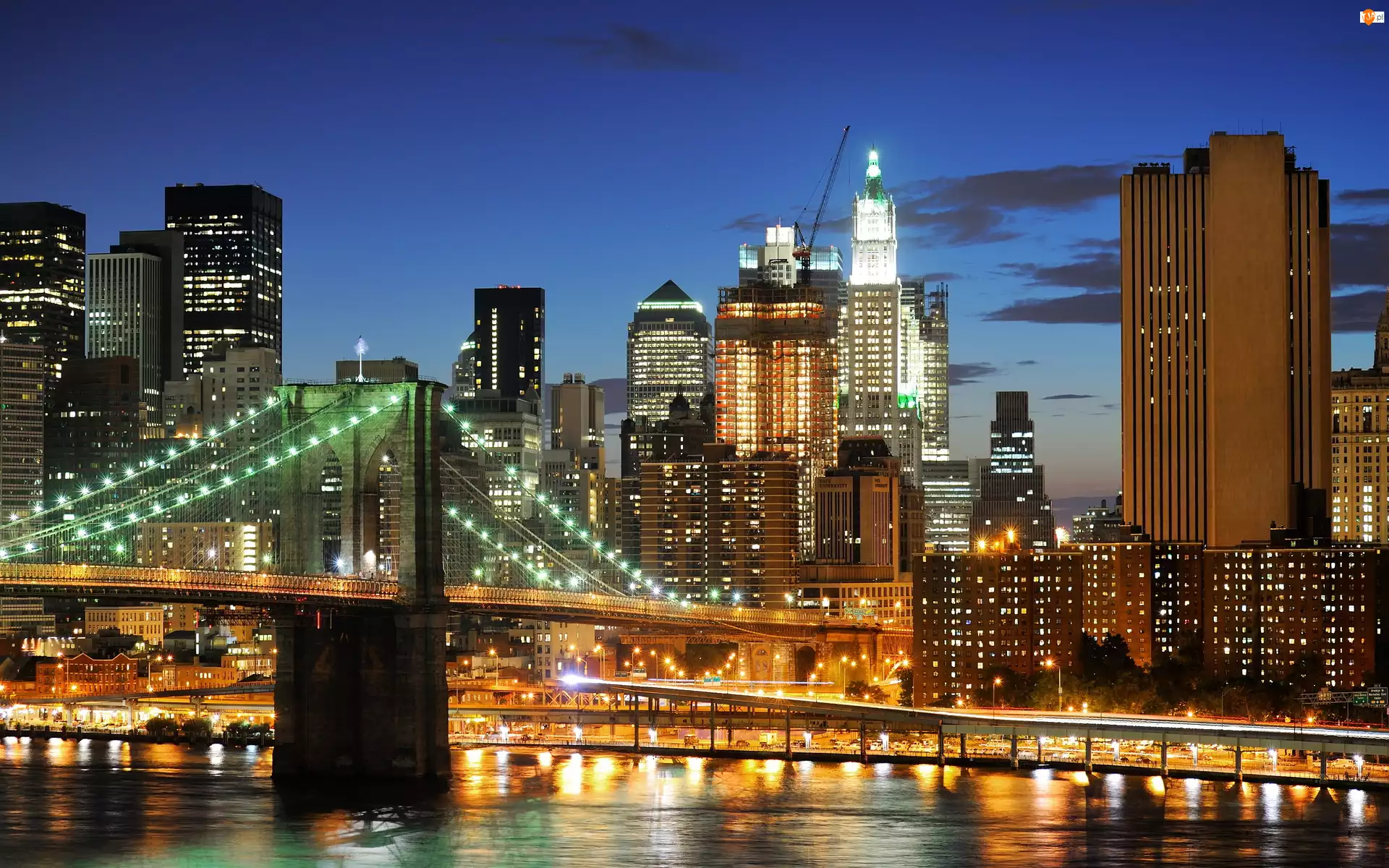 Most, Miasta, Brooklyn, York, Panorama, Nowy, Rzeka, Manhattan, Nocą