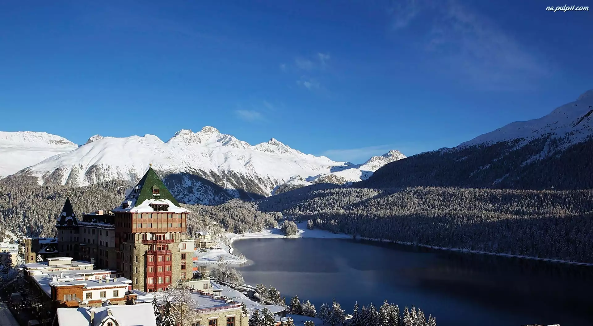 Jezioro, Badrutts Palace, Góry, St.Moritz, Lasy, Hotel