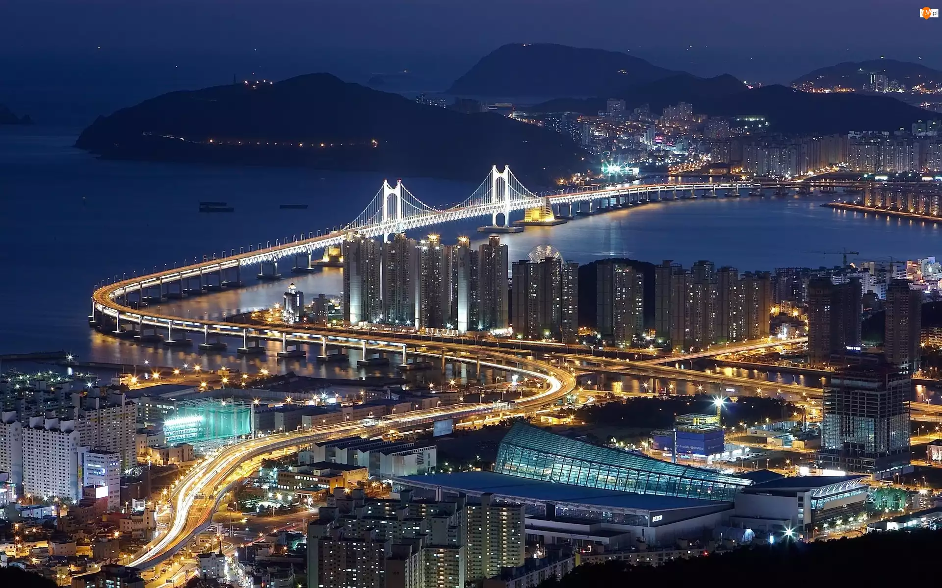 Morze, Most, Busan, Góry, Panorama, Nocna, Gwangan
