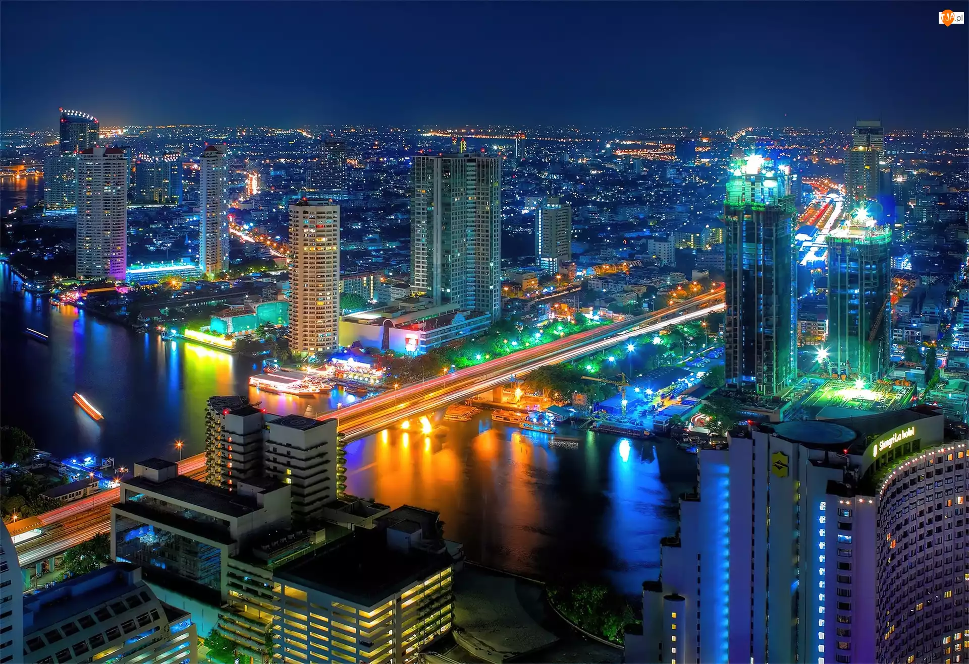 Nocą, Most, Miasto, Bangkok, Rzeka