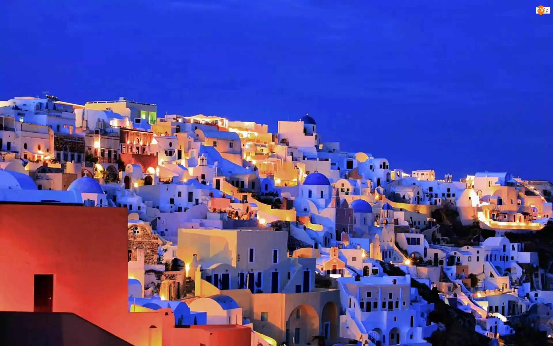 Panorama Miasta, Grecja, Nocna, Domy, Santorini