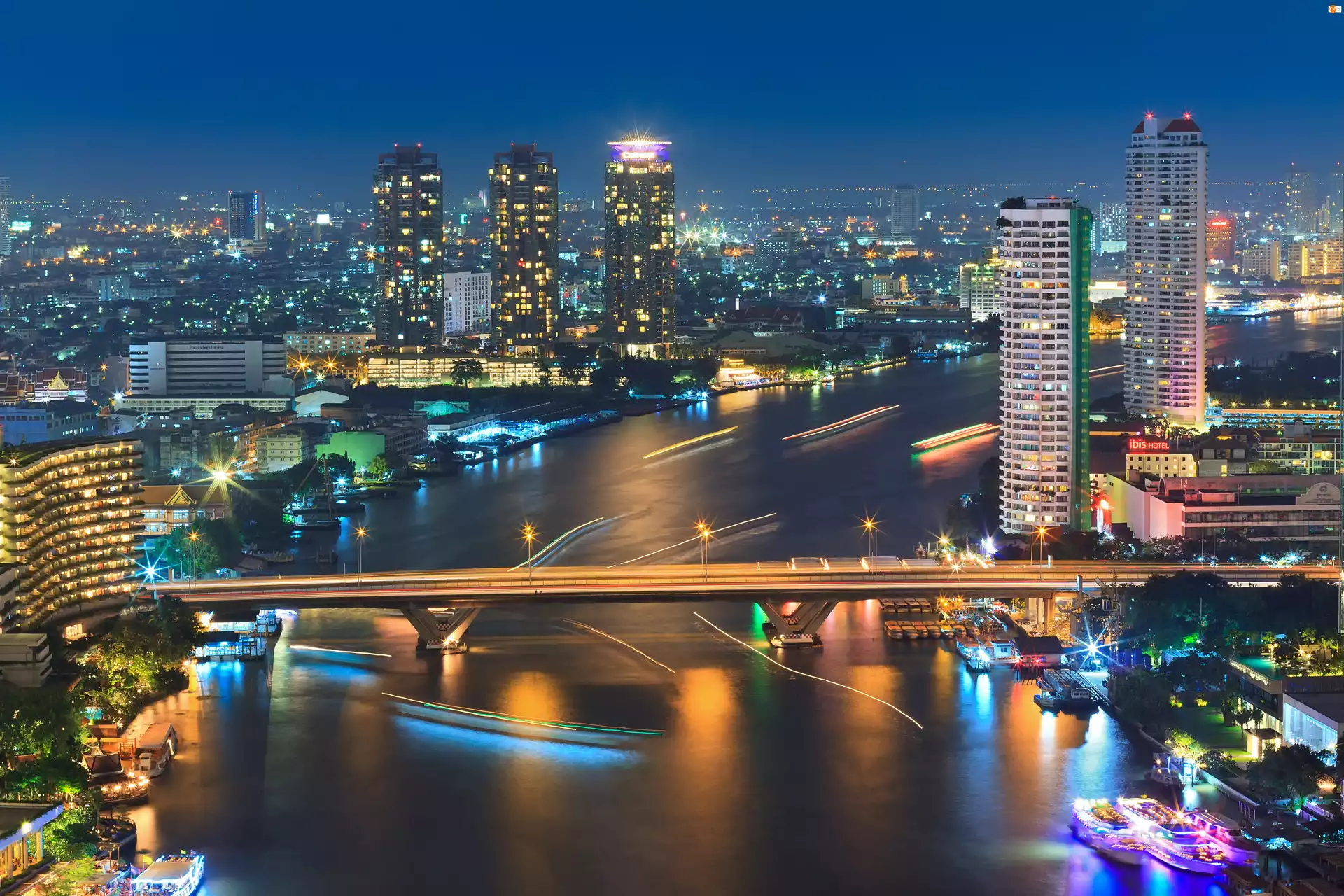 Miasta, Rzeka, Wieżowce, Bangkok, Most, Panorama, Tajlandia, Statki