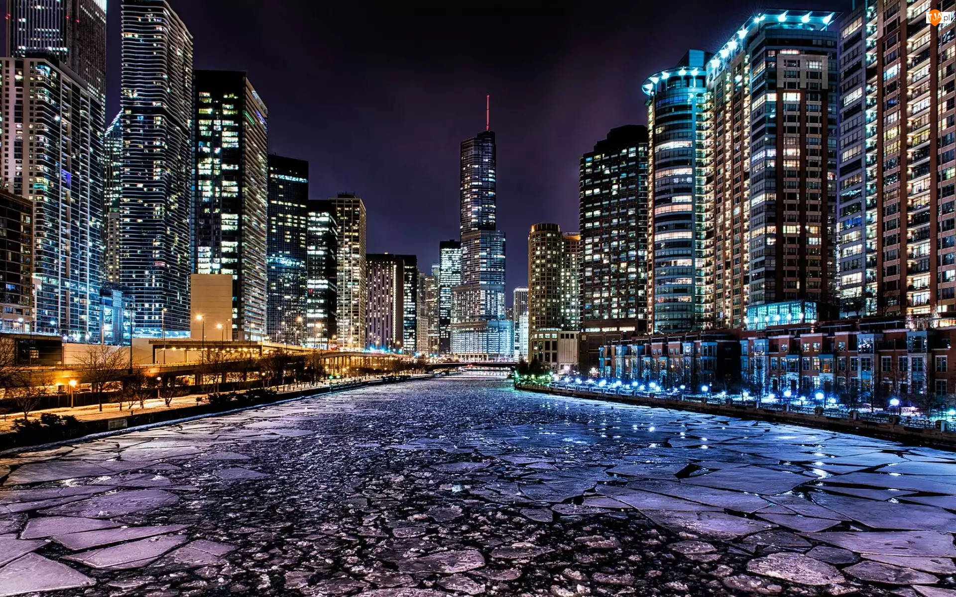 Miasto, Rzeka, Chicago, Stany Zjednoczone, Noc