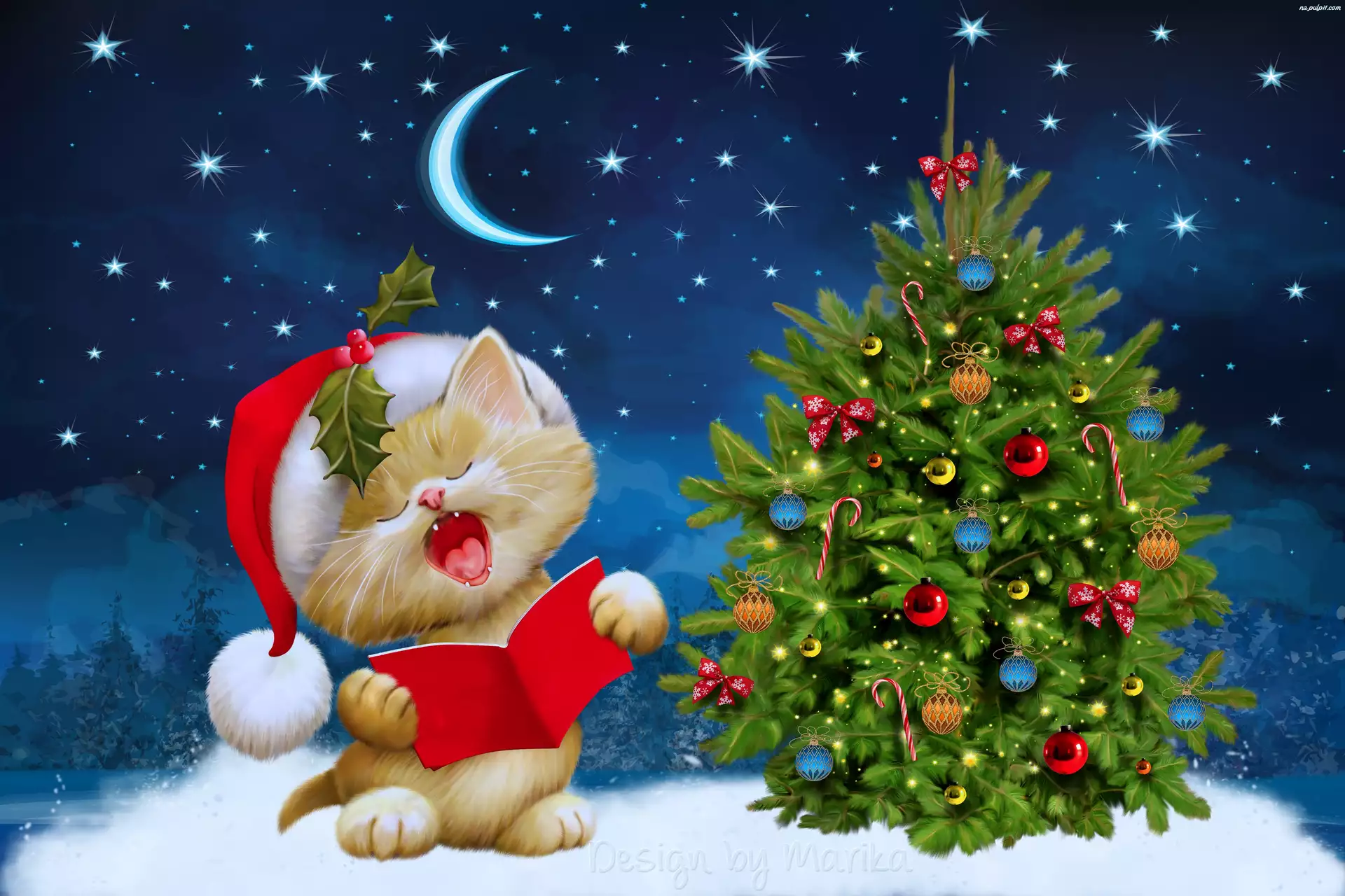 Boże Narodzenie, Świąteczny, Kotek, Choinka