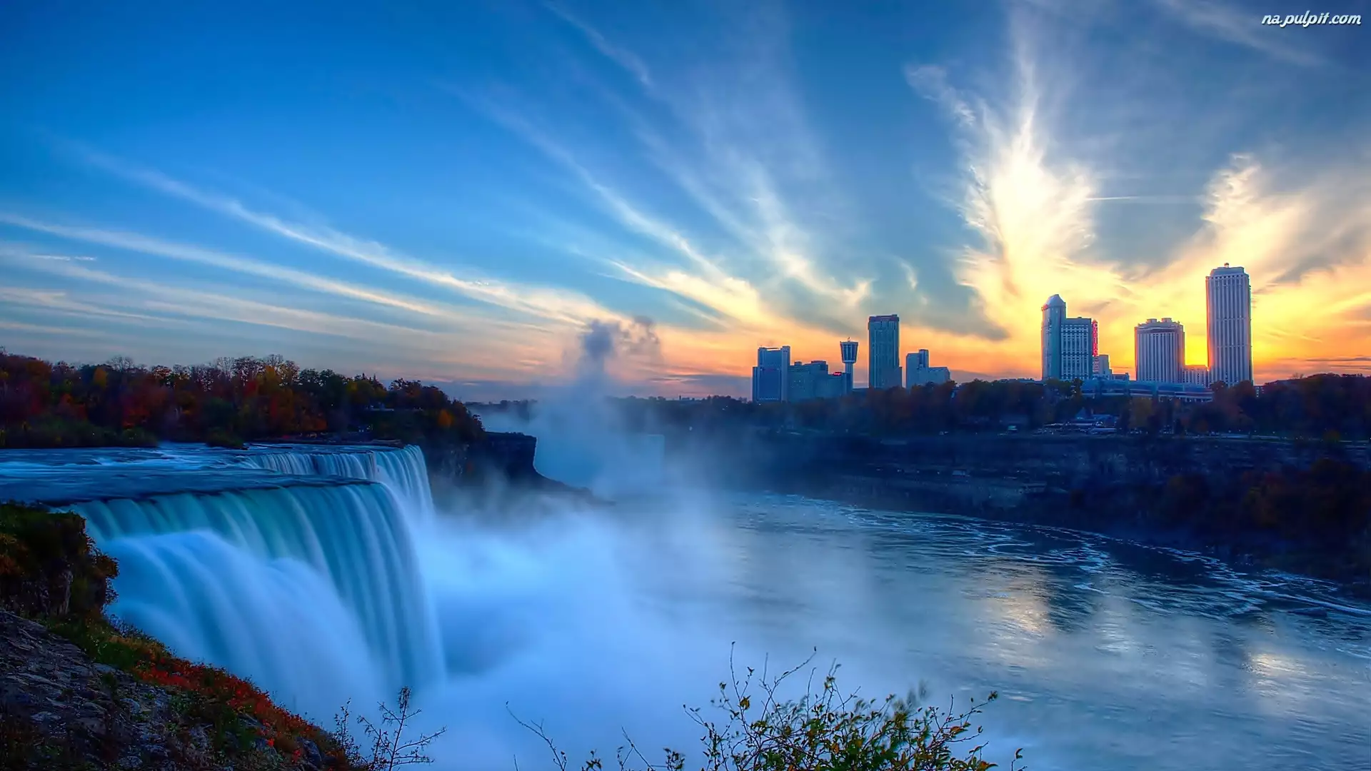 Wodospad, Zachód słońca, Niagara, Wieżowce