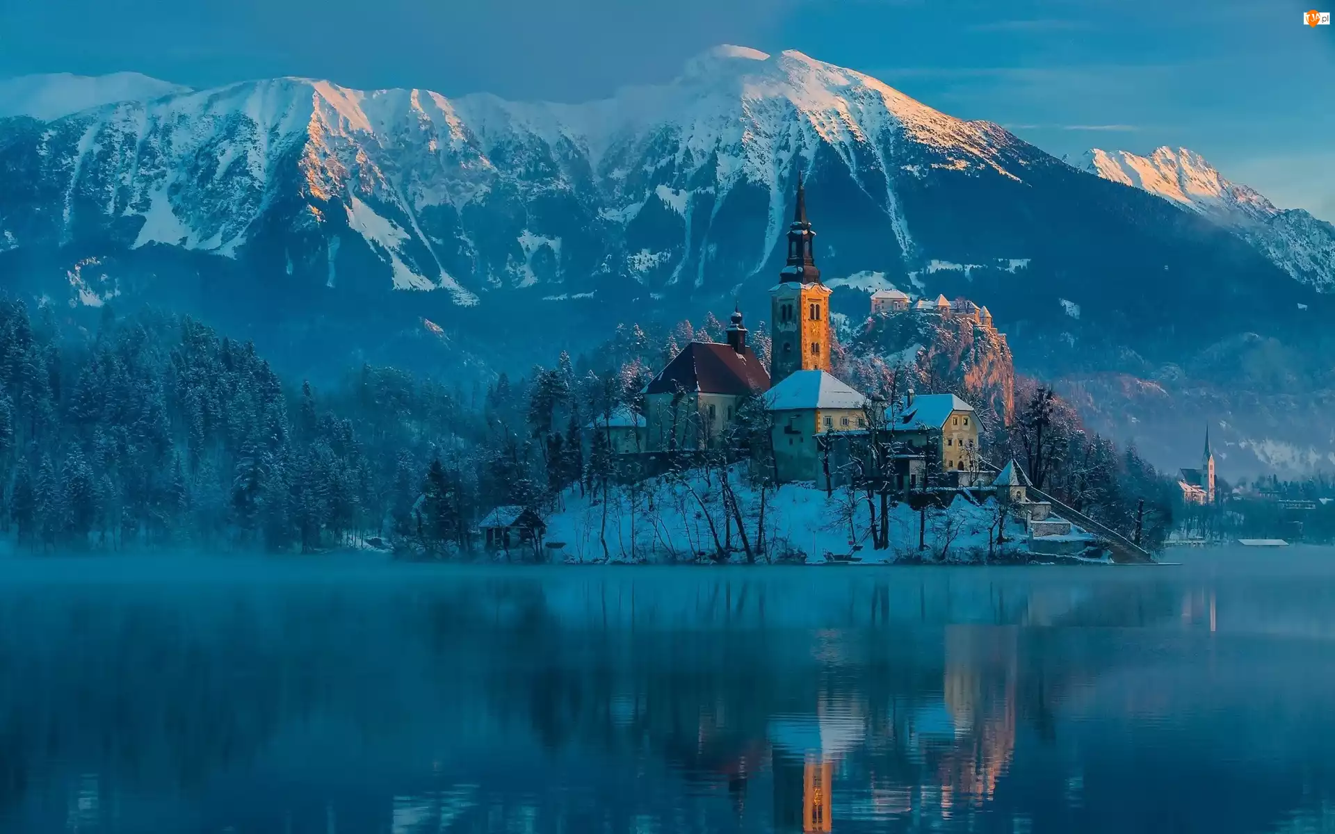 Bled, Góry, Kościół, Domy, Słowenia, Zima, Jezioro