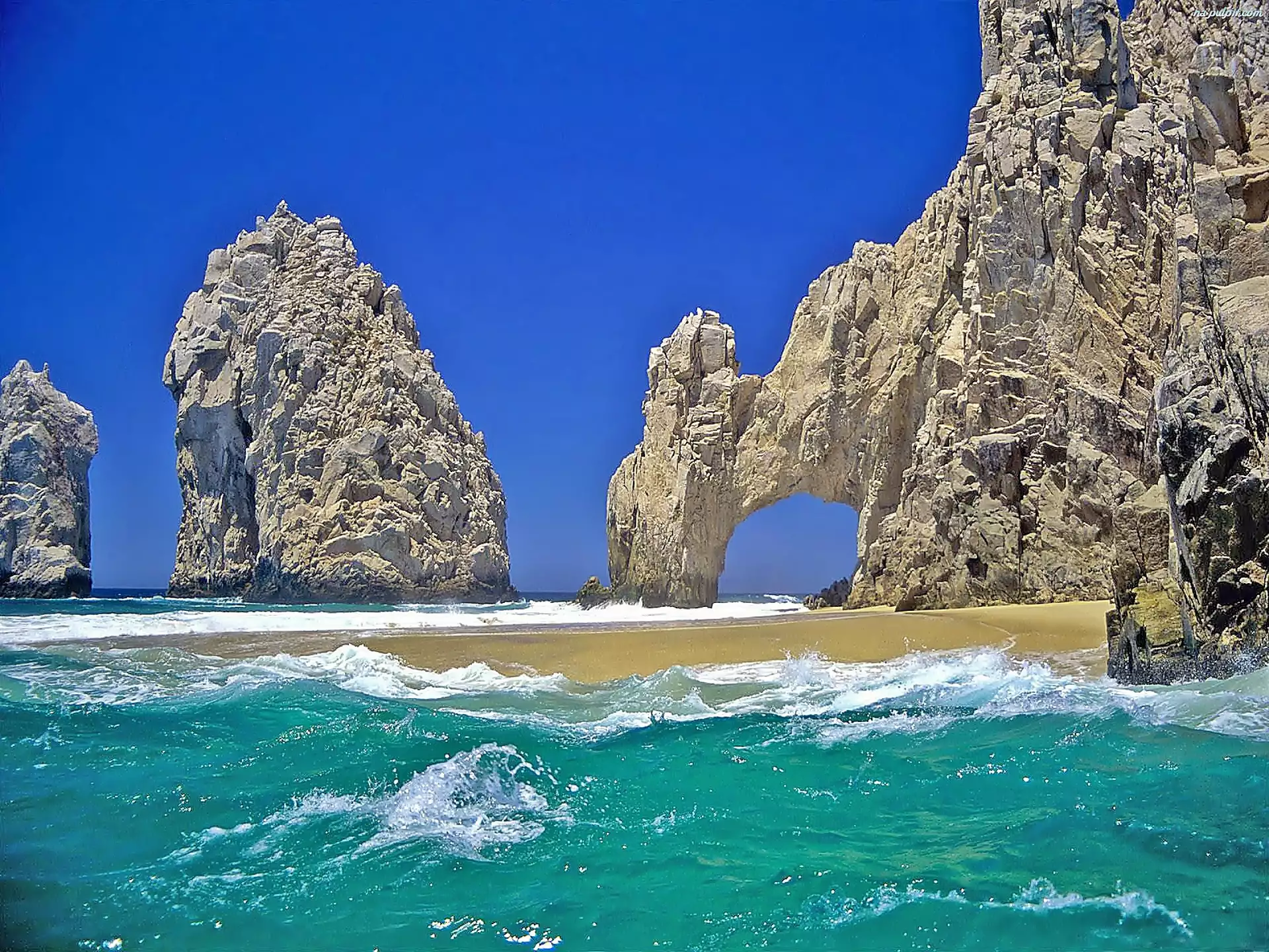 Cabo San Lucas, Niebo, Plaża, Morze, Meksyk, Fale, Skały