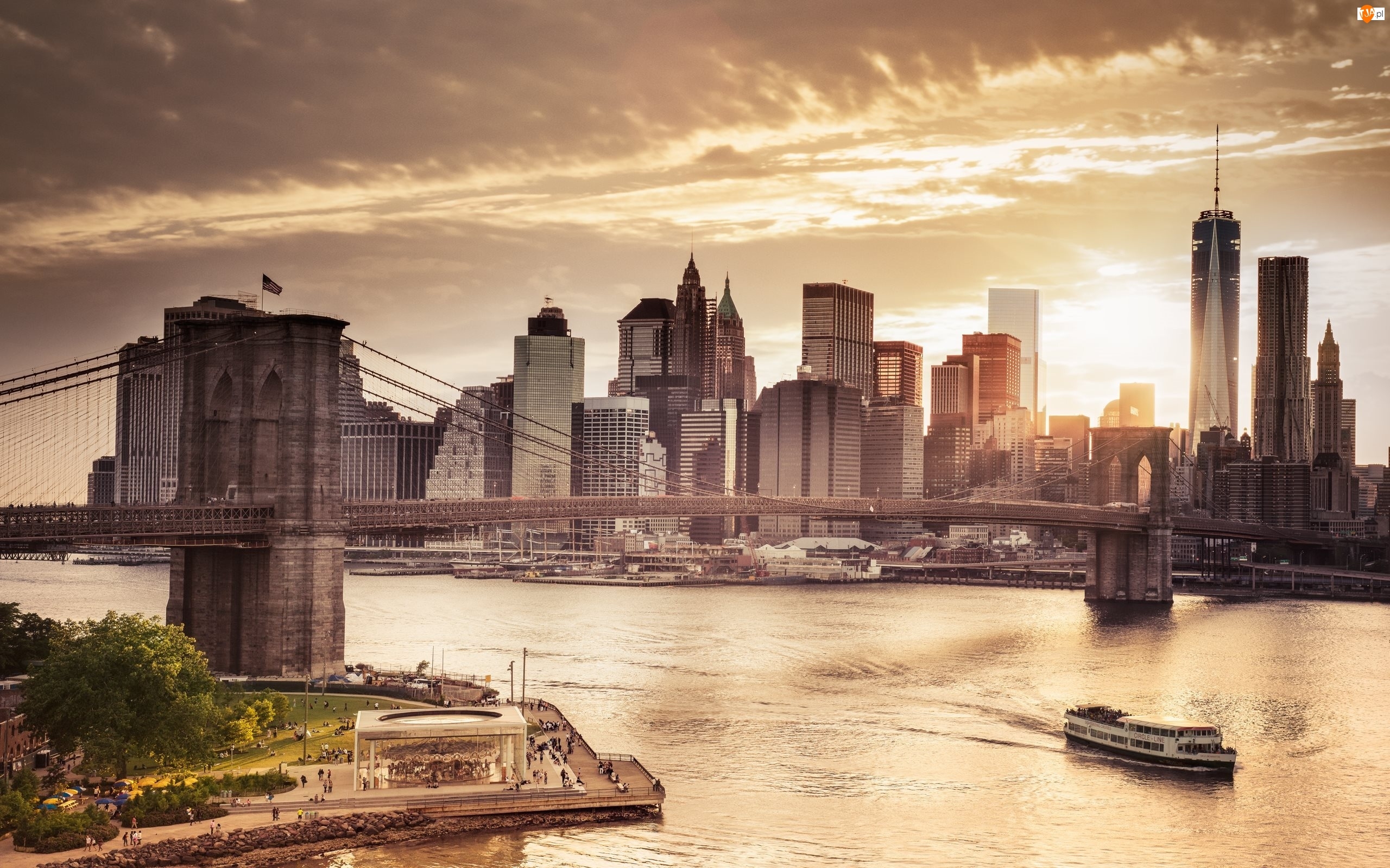 Zachód Słońca, Most, Nowy Jork, Drapacze Chmur, Rzeka, Stany Zjednoczone, Brooklyn Bridge