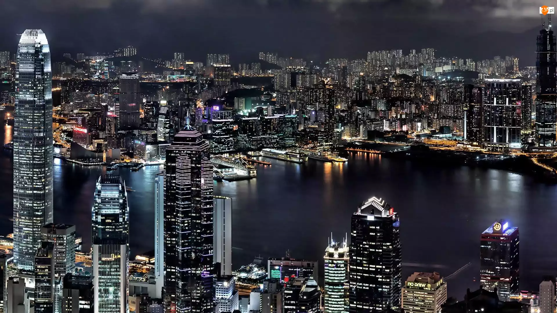Budynki, Miasto, Noc, Hong Kong, Światła