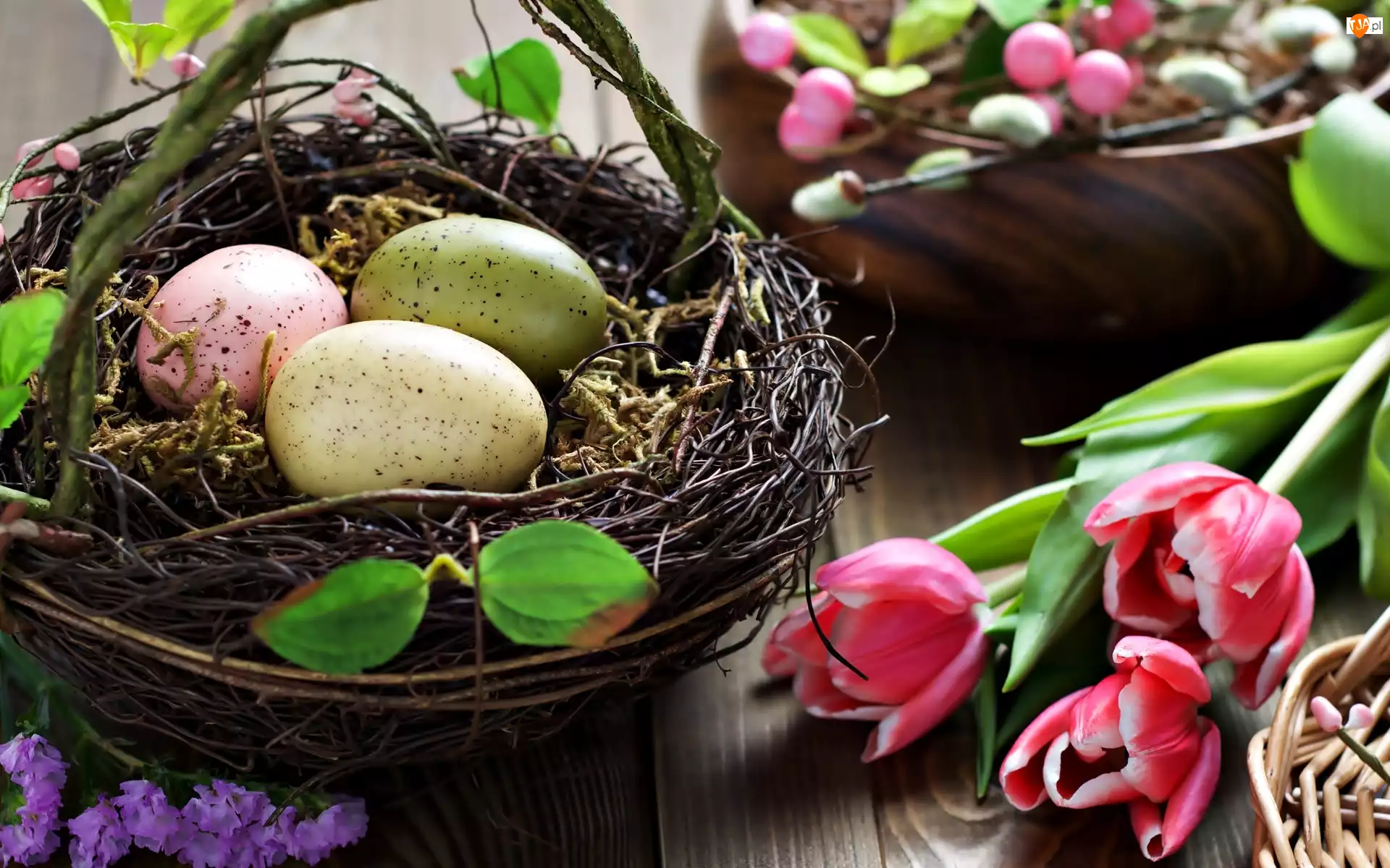 Wielkanoc, Koszyczek, Tulipany, Jajka