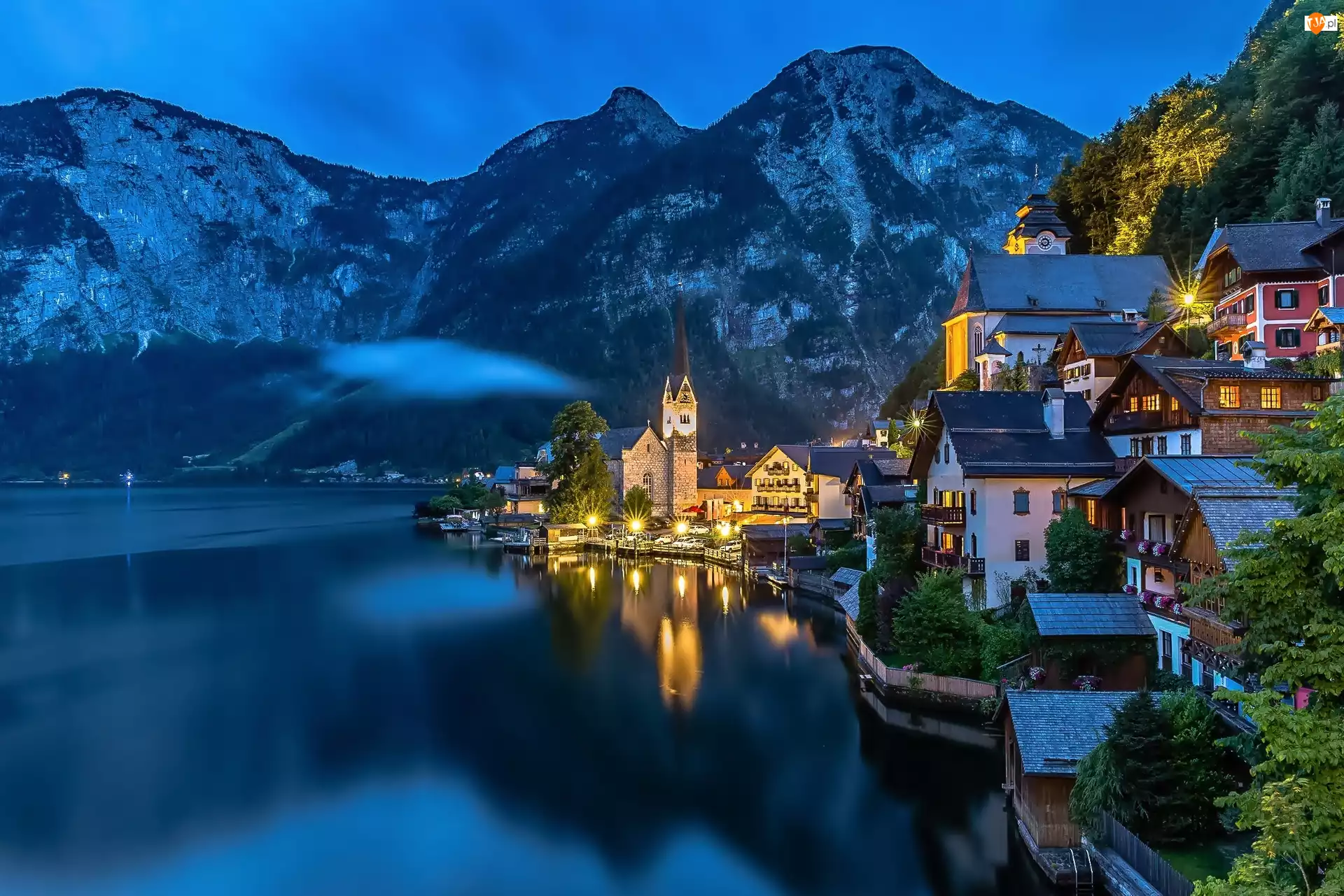 Austria, Domy, Jezioro, Góry, Hallstatt