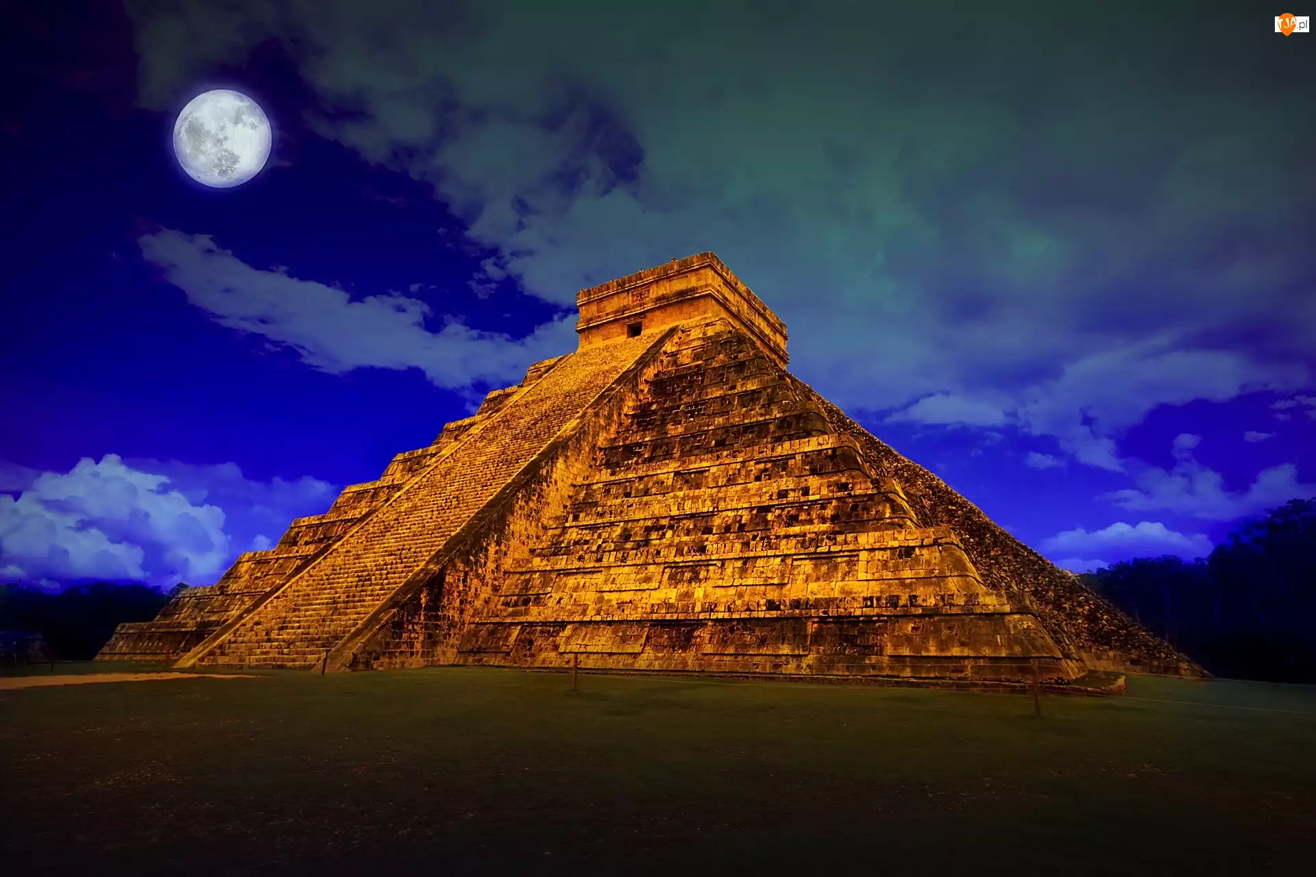 Księżyc, Meksyk, Świątynia, Niebo, ChichĂŠn ItzĂĄ, Kukulkana, Chmury, Piramida