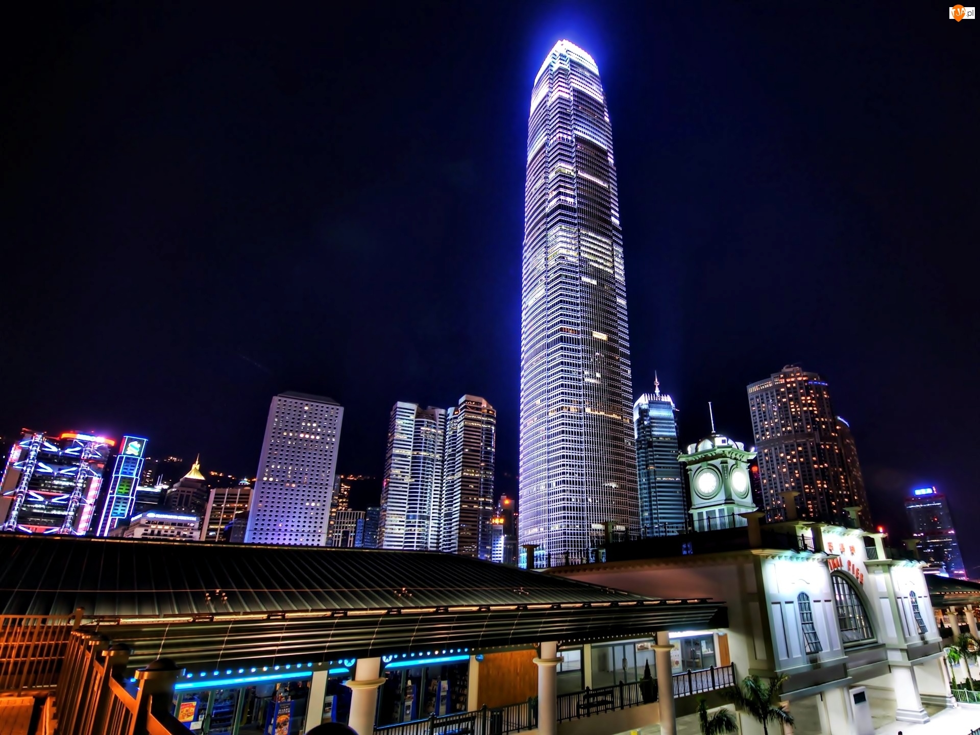Miasta, Noc, Hong Kong, Niebo, Fragment, Wieżowce