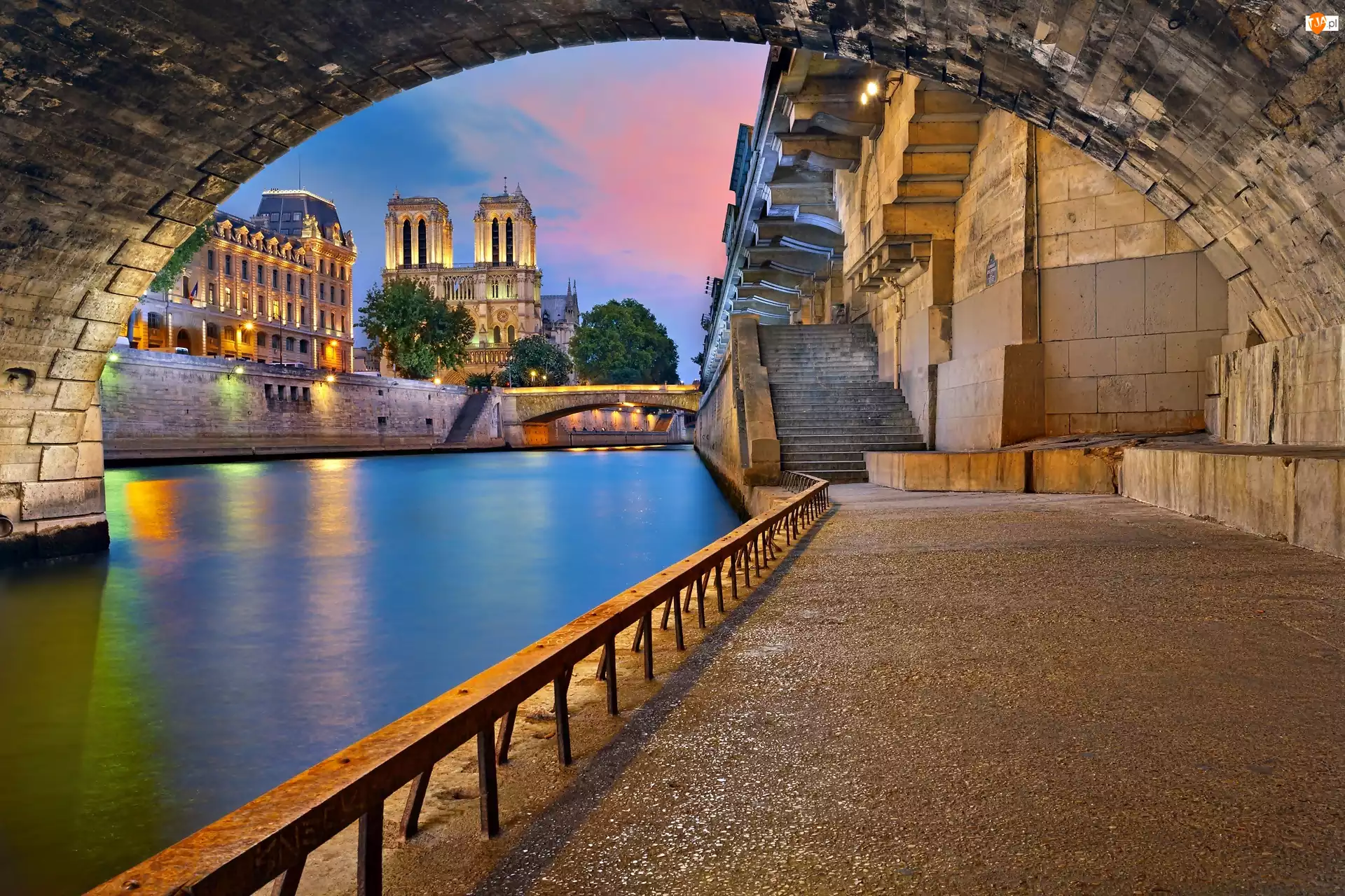 Katedra Notre Dame, Bulwar, Paryż, Zmierzch, Francja, Rzeka