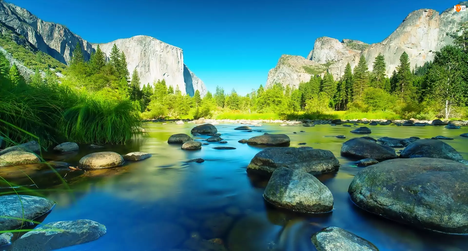 Las, Stany Zjednoczone, Góry, Kamienie, Stan Kalifornia, Drzewa, Rzeka, Park Narodowy Yosemite