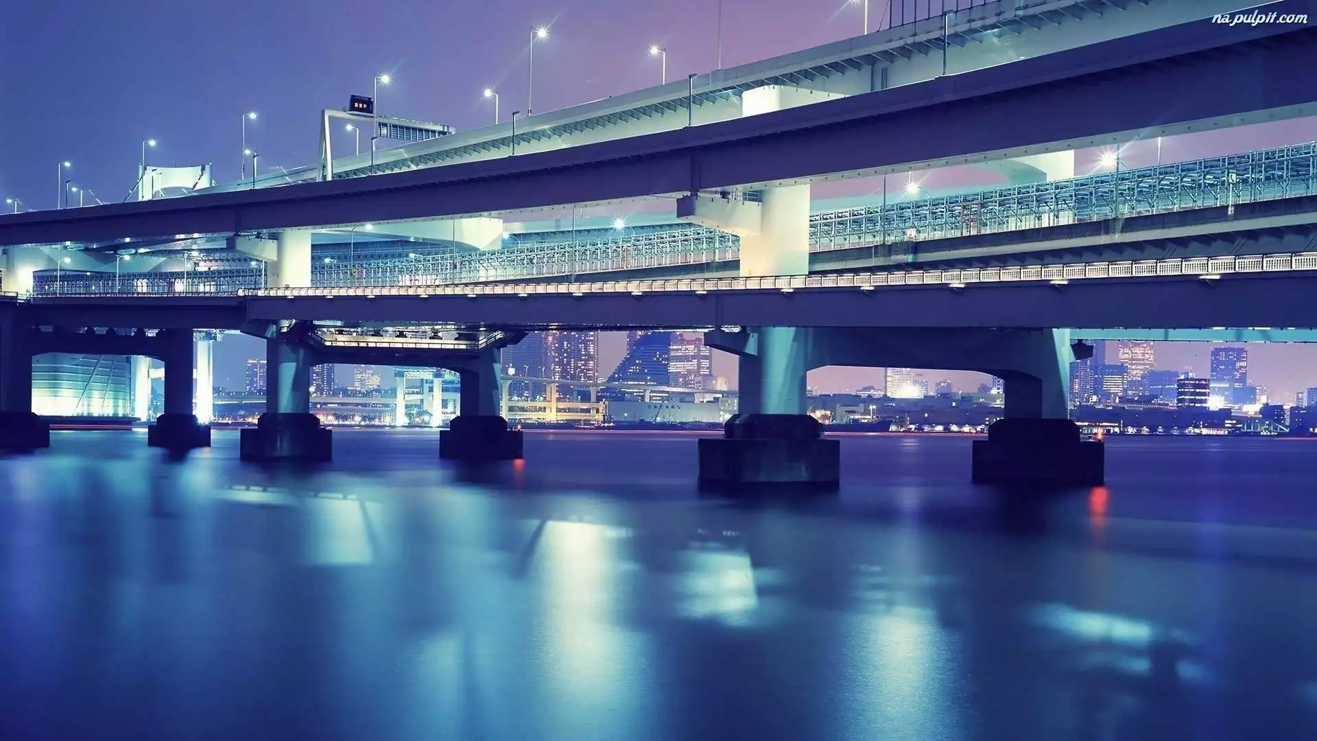 Miasto, Rzeka, Most, Japonia, Tokio, Nocą