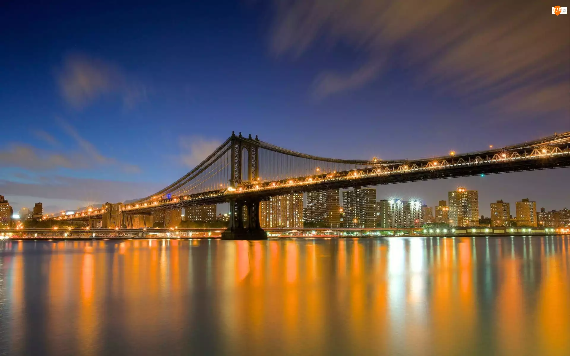 Nocą, Most, USA, Rzeka, Brookliński, Miasto, Manhattan, Nowy Jork