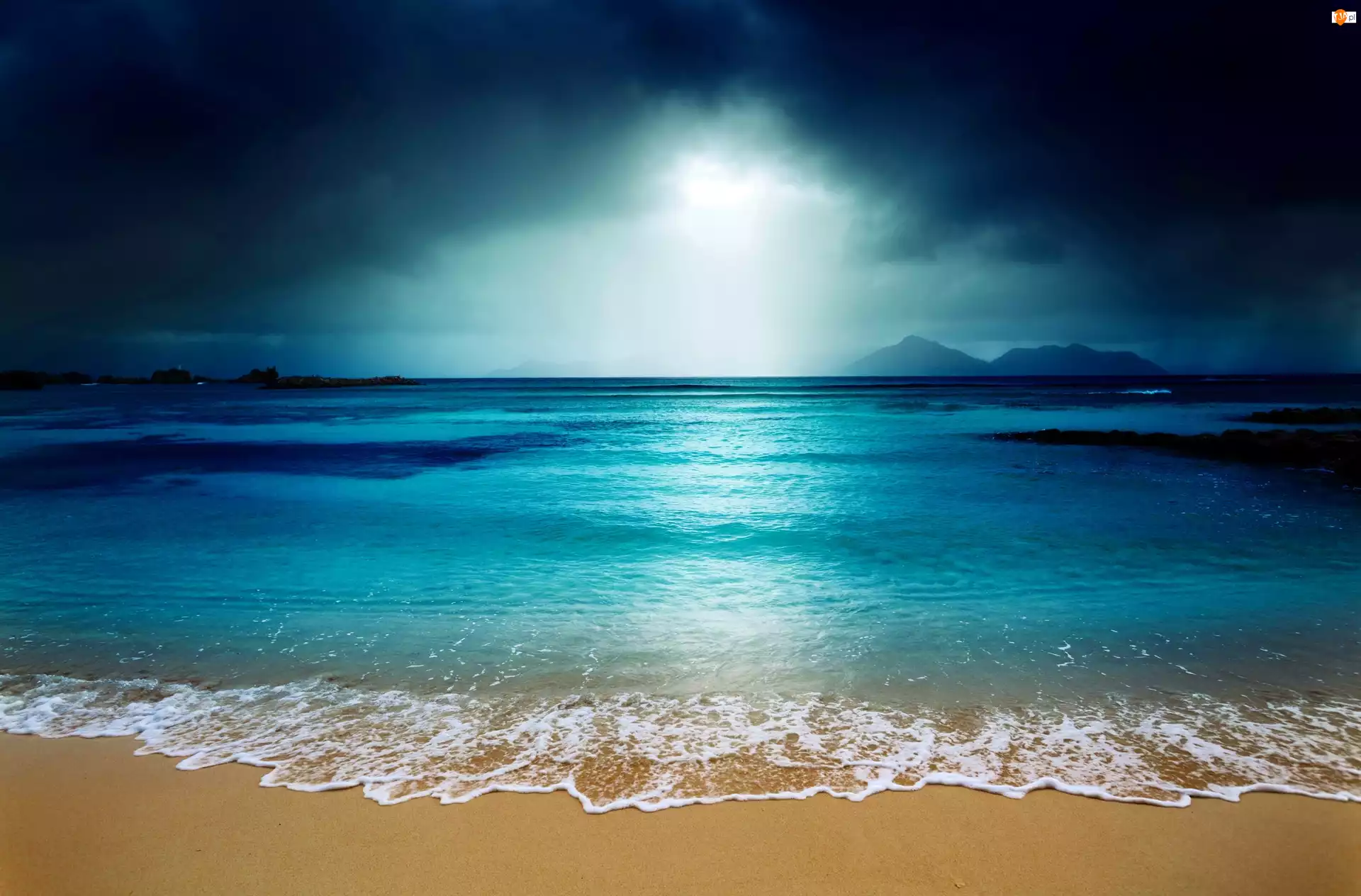 Ocean, Poświata Księżyca, Plaża, Noc