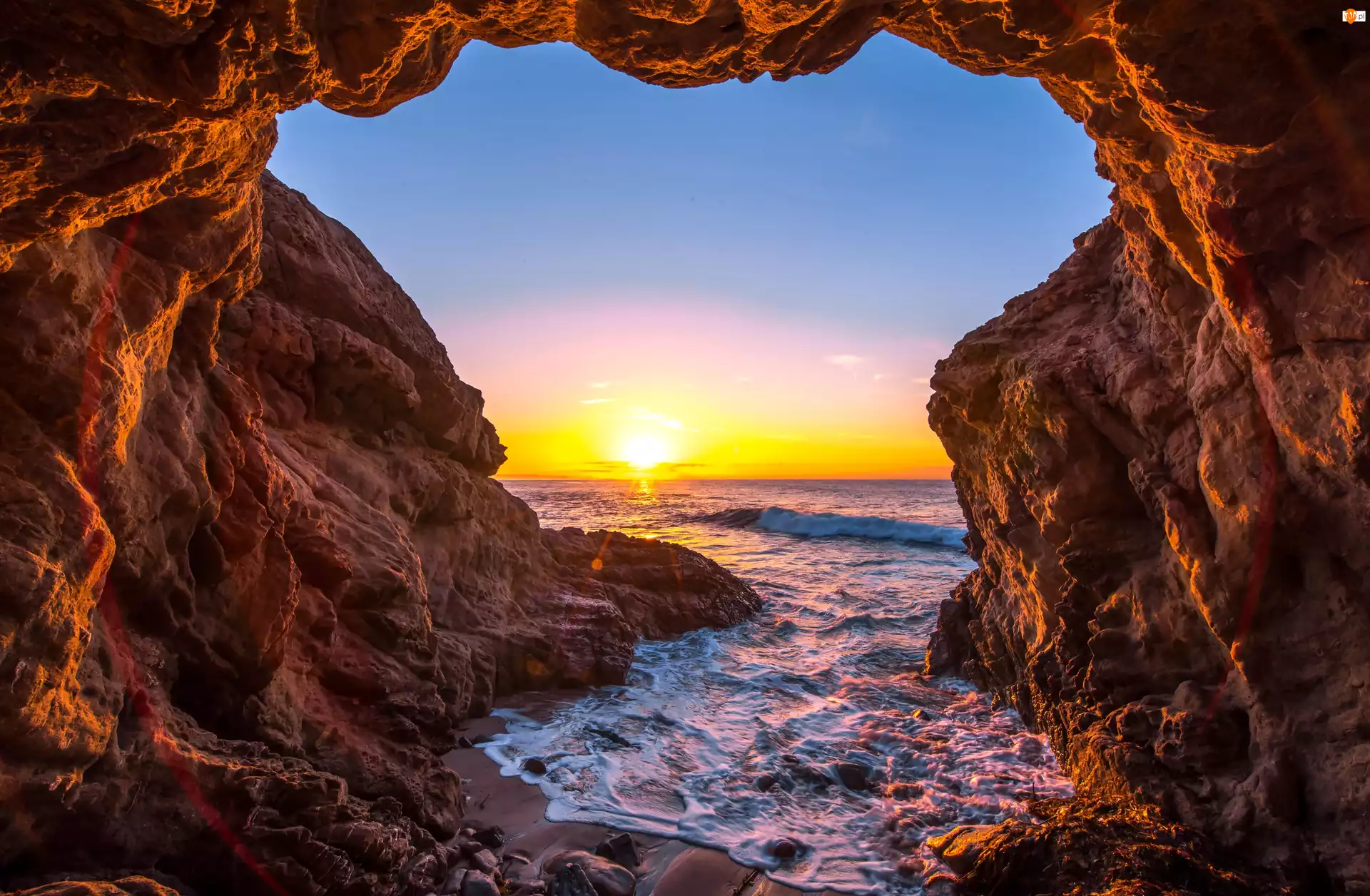 Jaskinia, Malibu, Morze, Kalifornia, Skały, Zachód Słońca